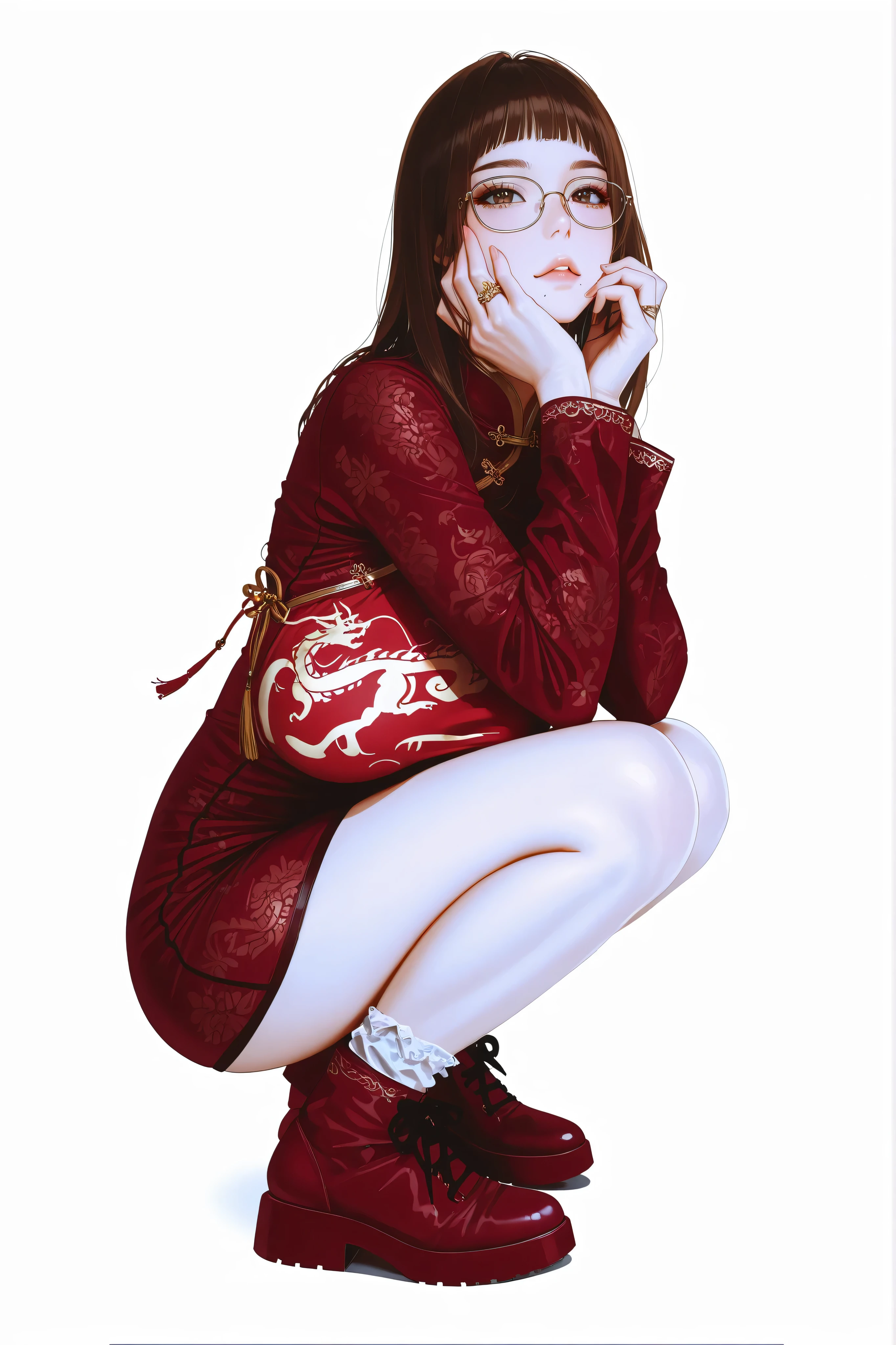 The golden ratio, Proper composition,BEAUTIFUL ILLUSTRATION, (masterpiece, detailed:1.2), maorix,score_9, score_8_up, score_7_up, score_6_up, score_5_up, 1girl, huge tit,  red china dress with dragon pattern,  five anatomically correct fingers, mole under mouth, close-up, brown hair, chignon hair, super quality, 8k, super quality, beautiful Japanese woman, teen, 表情のclose-up, detailed eyes, careful brown iris, transparent brown eyes, high resolution, Beautiful Japanese woman with big boobs standing, anatomically correct ratio :1.331,  Tiny Head :1.331, Upper body angle, detailed skin, detailed face, dynamic pose, The viewer looks up at her, grey background, 
