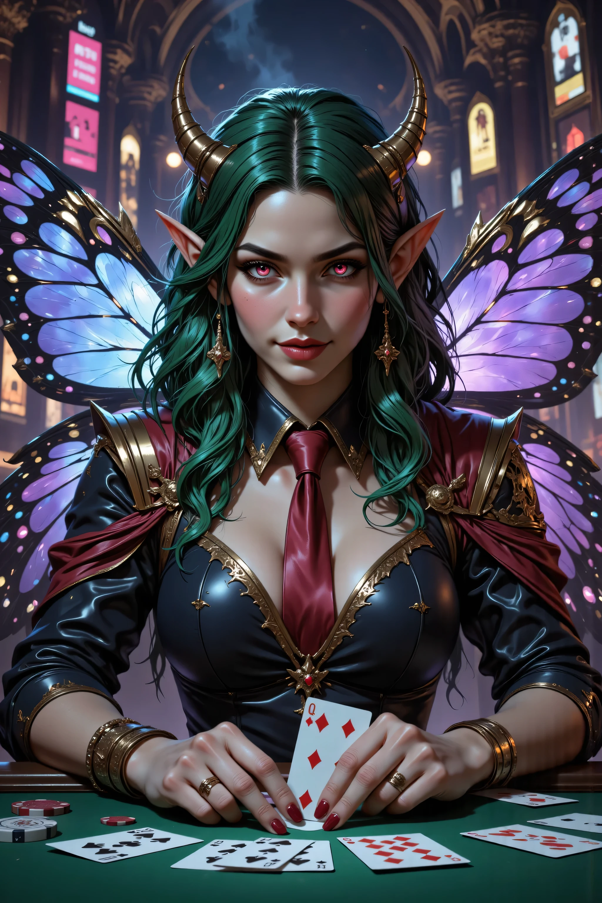 In the style of chargen_concept_art image of,OMNH,,a picture of a cyberpunk fairy, dealing Poker cards in a casino,  vicious smile,  an extraordinary beautiful, elegant beauty, spread butterfly wings, blue and purple wings, pink eyes, glowing eyes, best detailed face,  green hair, rich hair, wavy hair, wearing dark suit, red tie, cyberpunk themed suit, wild suit, casino background,  Hyperrealism style, vibrant, Ultra-high resolution, High Contrast, (masterpiece:1.5), highest quality, Best aesthetics), best details, best quality, highres, ultra wide angle, 16k, [ultra detailed], masterpiece, best quality, (extremely detailed) RAW, 