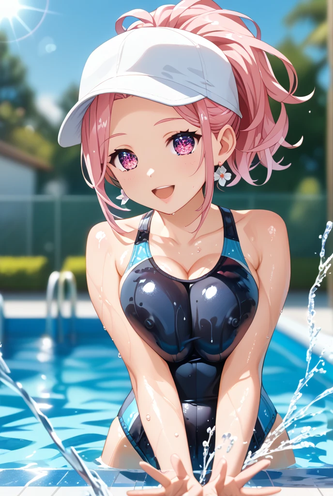 momomodel Building Uke, Deviluke type, demon tail, hair flower, hair ornaments, (purple eyes:1.1), pink hair, short hair, tail, smile,happy smile, smile, open your mouth,
break demon tail, green , school swimwear,wet hair,wet skin,barefoot,noon,sunny,
break ourdoors, School　pool,
break looking at viewer, (cowboy shot:1.5),
break (masterpiece:1.2), highest quality, High resolution, unity 8k wallpaper, (shape:0.8), (beautiful detailed eyes:1.6), extremely detailed face, perfect lighting, extremely detailed CG, (perfect hands, perfect ),