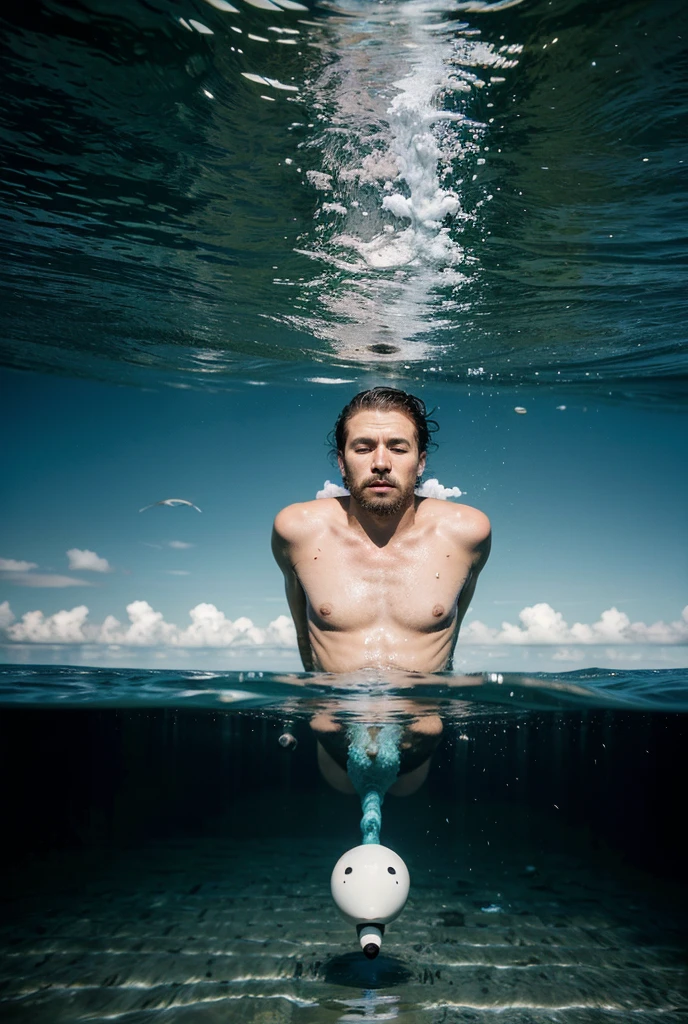 A fit handsome ????? and muscular man, with short blonde hair, a diver with knife strapped to his thigh, swimming in a vibrant underwater setting, full body image, seen from below