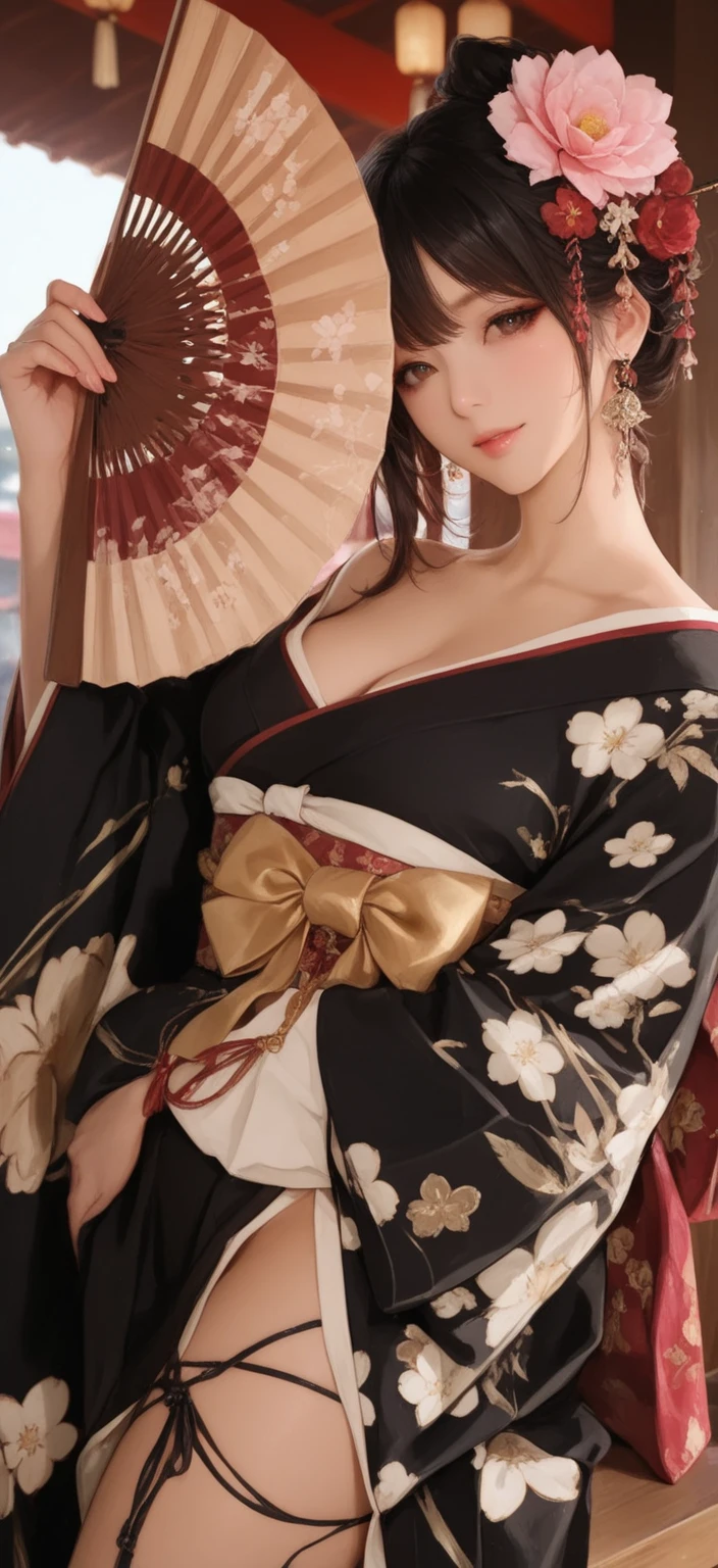 ((masterpiece(:1.4)，Highest quality，Ultra-high resolution，Highest quality，8k，Extremely detailed，In detail))。night，Japanese，(A beautiful woman)，glossy，slim，Large (1.6)，sexy，glamorous，((Golden Ratio Style，Perfect Style))，Narrow waist，Flashy gal makeup，Japanese garden，Oiran，Prostitute，Sunny day outfit，Uchikake，Gold brocade，((A gorgeous kimono))，A cutting board belt tied in front，Hair tying，hairpin，hair ornaments，Gorgeous costumes，Beautiful standing posture，Presence，Exude  appeal，looking at the camera，Show off your style，