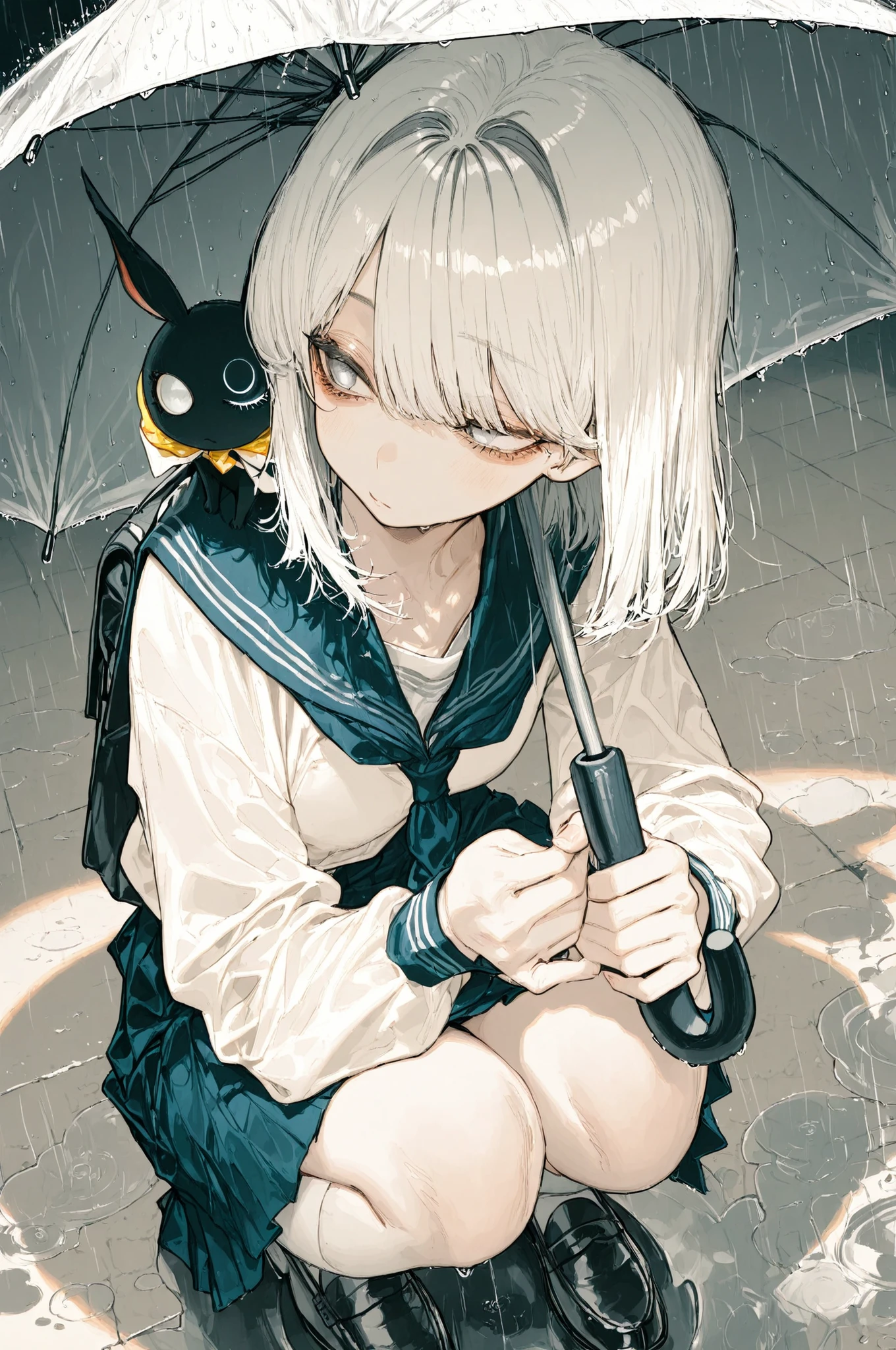 Melancholic girl,Light black eye circle,school uniforms, holding umbrella on shoulder, Squat, Puddle