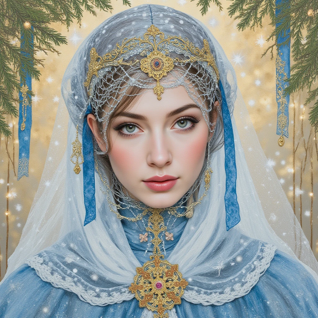 Beautiful girl - Lily Rose Depp, blue eyes, long curly white hair witg, detailed  traits, beautiful earrings, national turkic female dress,  breasts,  , yurta behind, it's snowing, sexy pose