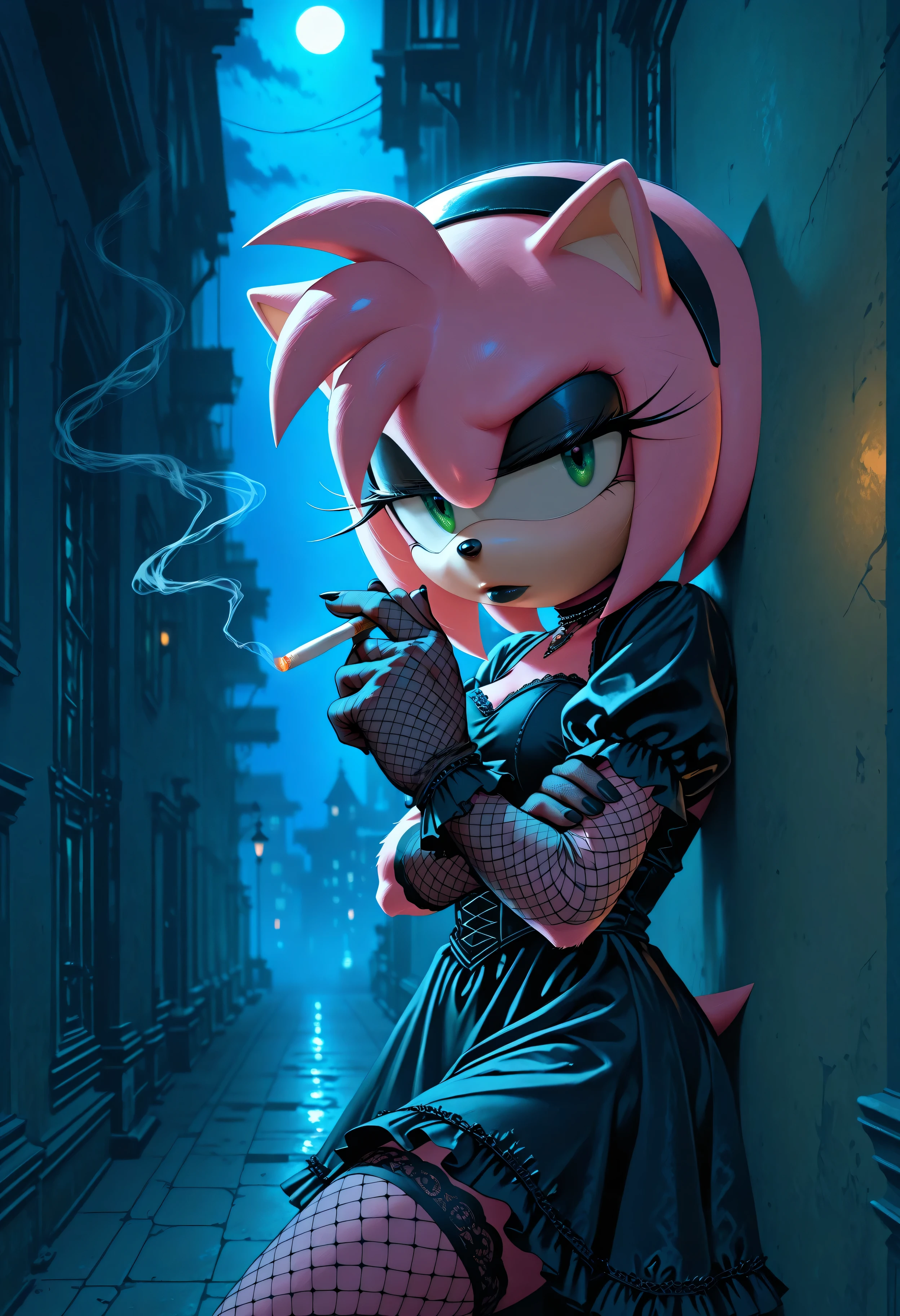 amy_rose, furry female, furry, goth clothes, black hairband, black dress, fishnet stockings, fishnet gloves, black lipstick, black eyeliner, bored, apathetic, alleyway, nighttime, moonlight, dynamic lighting, looking at viewer, smoking cigarette, leaning, against wall