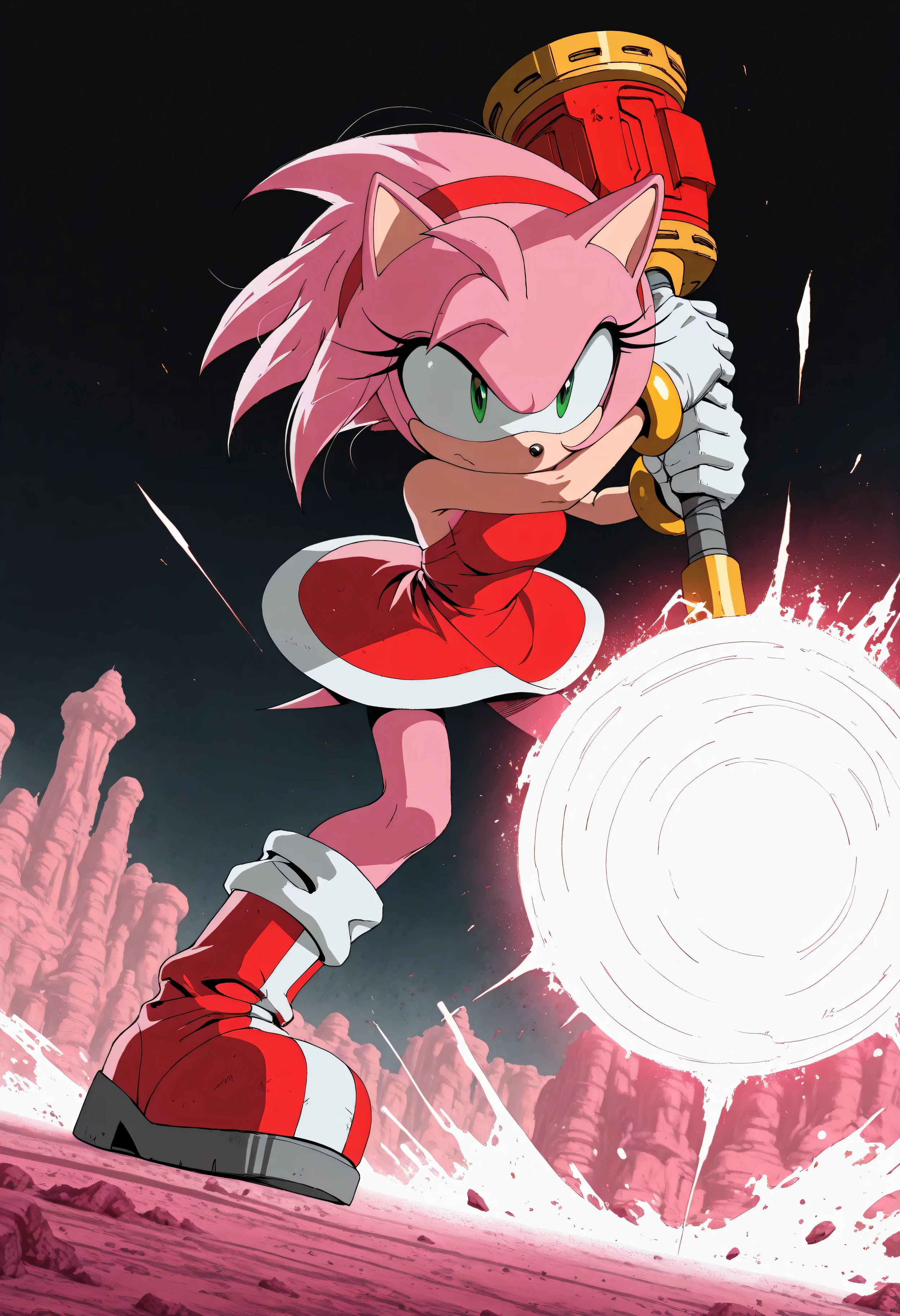 DBL_XL, amy rose, Masterpiece, best quality, amazing quality, newest, very aesthetic, absurdres, (scenery:1.4), perfect proportions, perfect hands, 8k, good , good shading, ultra detailed, refined details, high resolution, HD, masterwork, 1girl, amy rose, furry female, pink fur, jewelry, dynamic pose, pink hair, green eyes, red dress, white gloves, red boots, holding a big hammer (piko_piko_hammer), ,black background, splattered paint, intense expression, action pose, full-body shot, athletic build, pink and white  theme, dynamic scene, dramatic lighting, focused gaze, tight clothing, combat stance, striking pose, ready to swing, vivid colors, black-andmed yellow contrast, energetic mood, fierce demeanor, battle-ready, bold design, detailed artwork, striking visual style, color trace, bold line, high contrast, film grain, dynamic angle, {intense_contrast}, {dramatic_lighting}, [gritty_texture], [intense],DBL_XL,