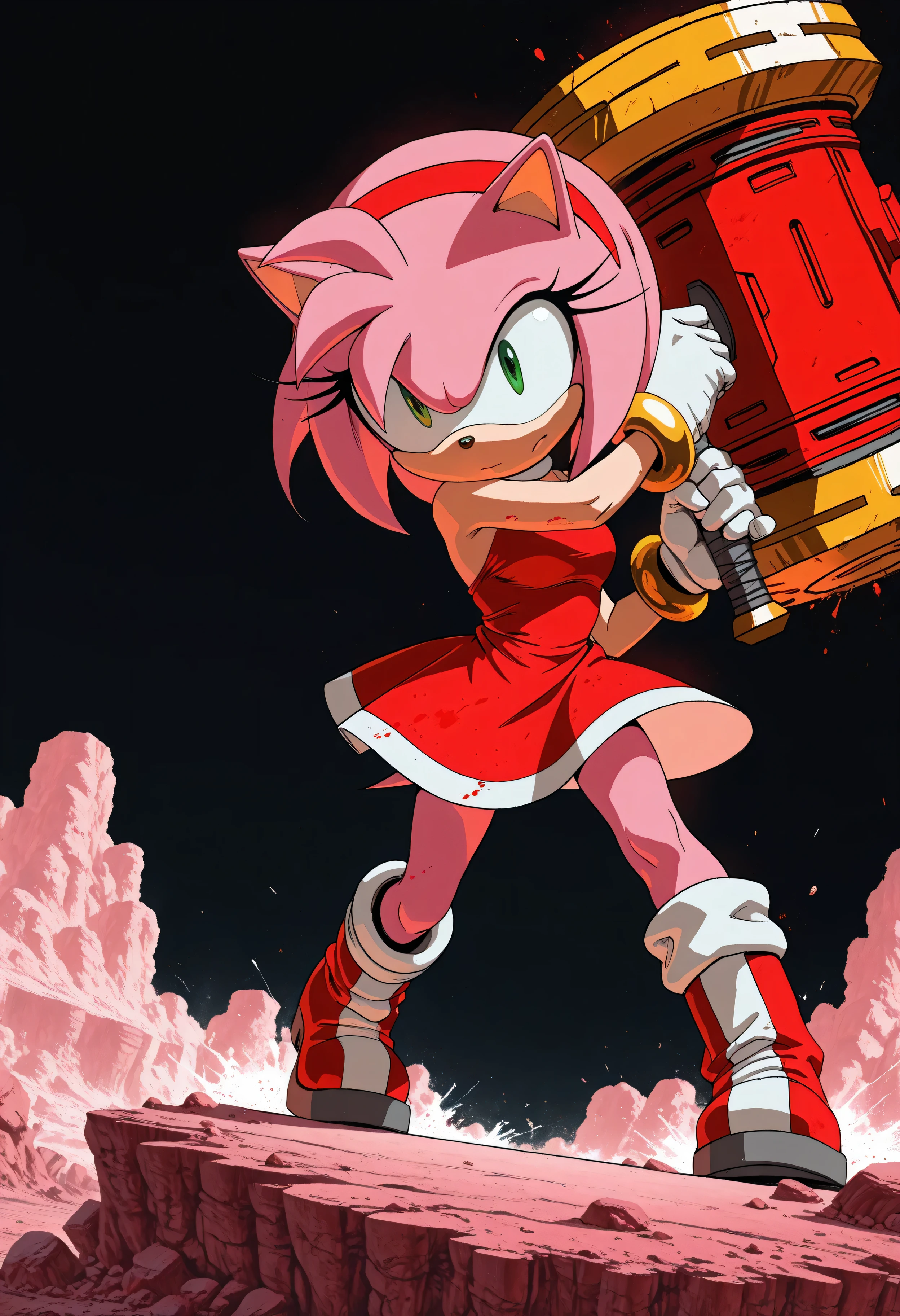 DBL_XL, amy rose, Masterpiece, best quality, amazing quality, newest, very aesthetic, absurdres, (scenery:1.4), perfect proportions, perfect hands, 8k, good , good shading, ultra detailed, refined details, high resolution, HD, masterwork, 1girl, amy rose, furry female, pink fur, jewelry, dynamic pose, pink hair, green eyes, red dress, white gloves, red boots, holding a big hammer (piko_piko_hammer), ,black background, splattered paint, intense expression, action pose, full-body shot, athletic build, pink and white  theme, dynamic scene, dramatic lighting, focused gaze, tight clothing, combat stance, striking pose, ready to swing, vivid colors, black-andmed yellow contrast, energetic mood, fierce demeanor, battle-ready, bold design, detailed artwork, striking visual style, color trace, bold line, high contrast, film grain, dynamic angle, {intense_contrast}, {dramatic_lighting}, [gritty_texture], [intense],DBL_XL,