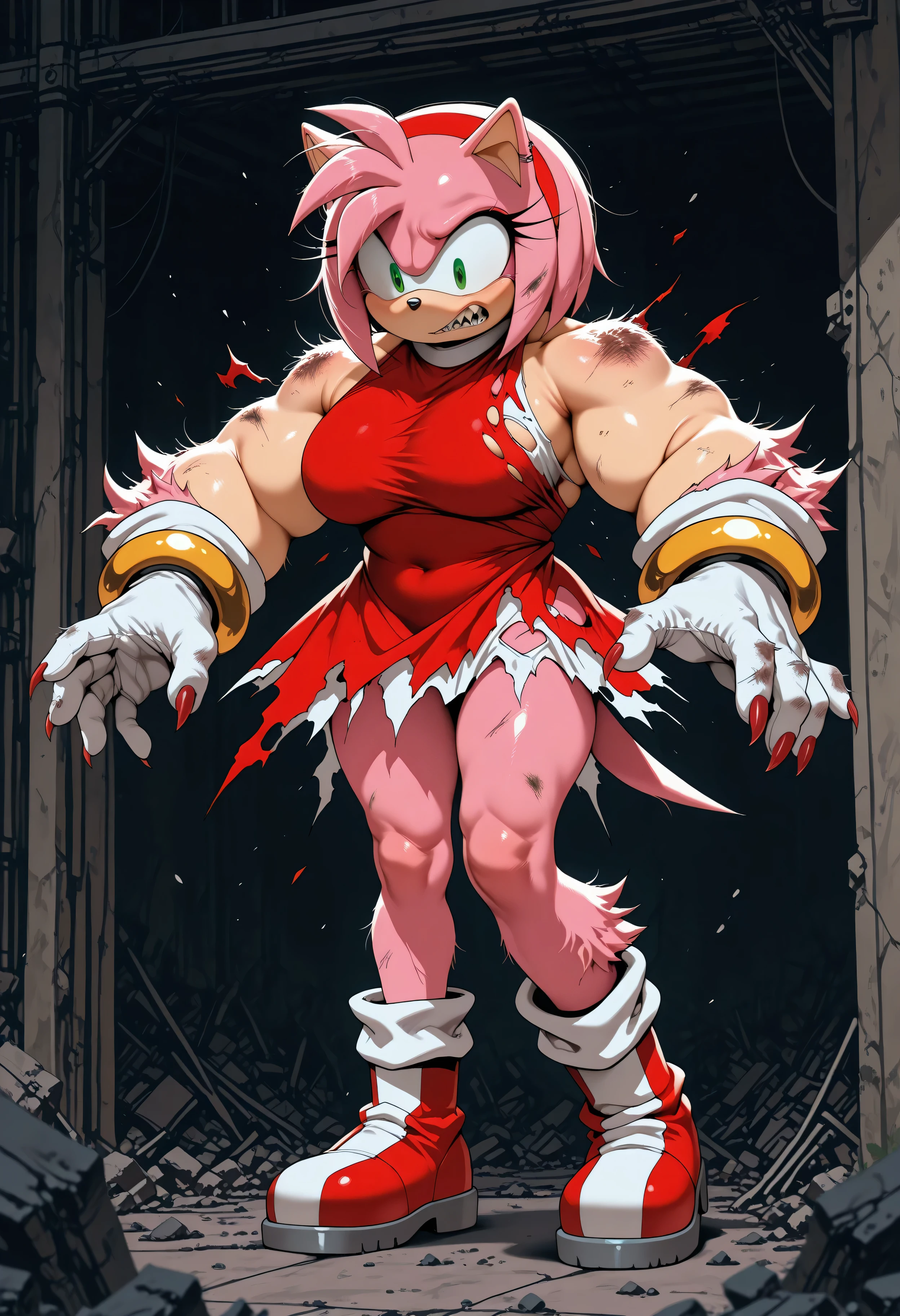 h4zb1n , Solo, /Amy Rose (Sonic)/, green eyes, pink fur, pink hair, animal ears, animal nose, white gloves, gloves, gold bracelets, red dress,((thick arms, broad shoulders, thin legs, torn cleavage, torn mid section, excessively torn, torn dress, scruffy fur )),  red white striped boots, sleeveless, red headband, pink tail, WerehogSonic,,, sharp green eyes, sharp teeth, enlarged hands, claw-like nails, hairy legs, furry white cuffs, werewolf-like design, sonic the hedgehog,