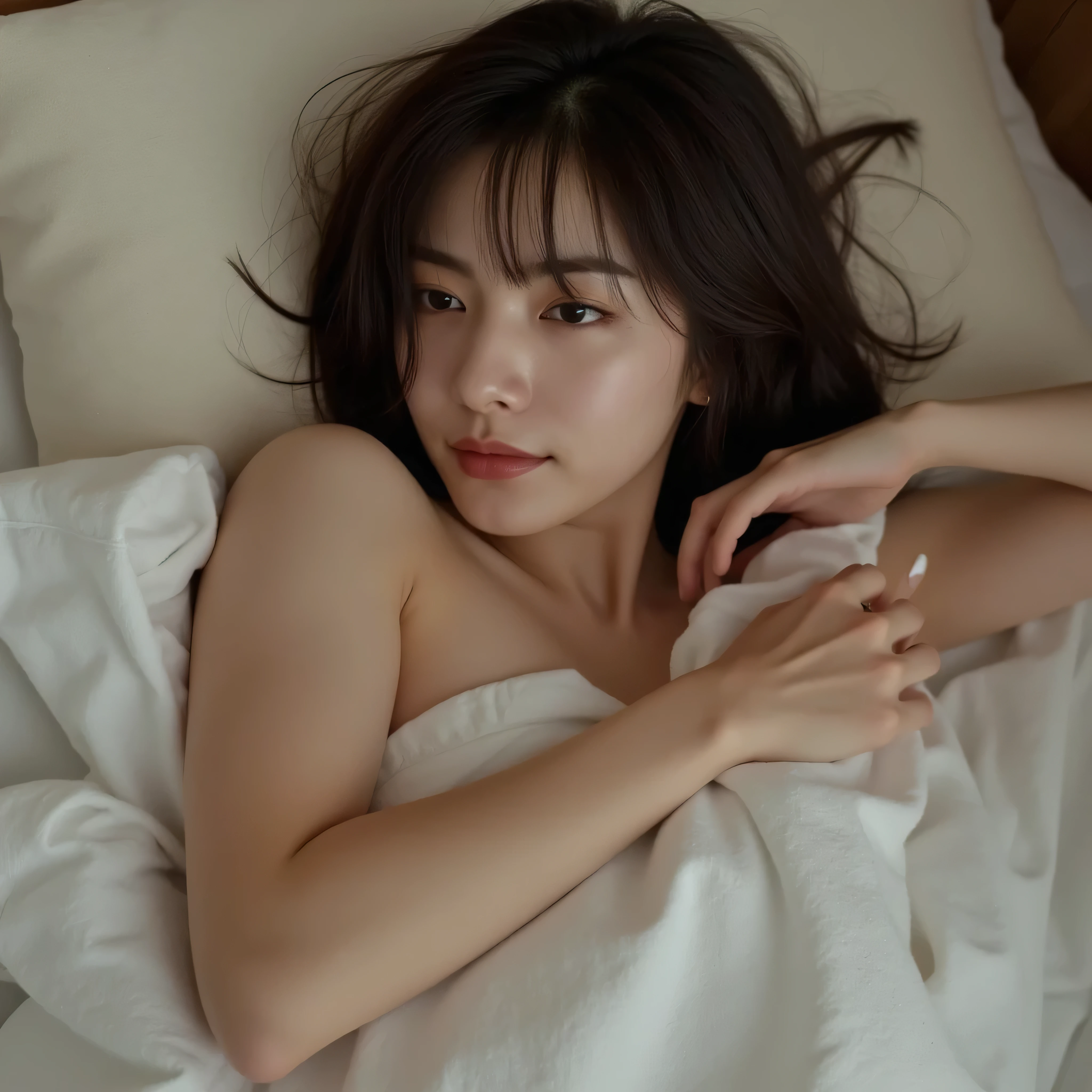  Picture of a bewitching woman lying in bed,(Insect's Viewpoint).she has just woken up, slightly disheveled, A sleepy but gentle smile is on her face. Her body is modestly covered by a futon, she's not wearing anything. (Naked underneath).One hand is gently holding and securing the futon. The light is a gentle morning light, cozy bedroom atmosphere、looking down at her face and her futon covered body.realistic skin, natural look that highlights summer, no makeup,photorealistic from the viewers' point of view, 