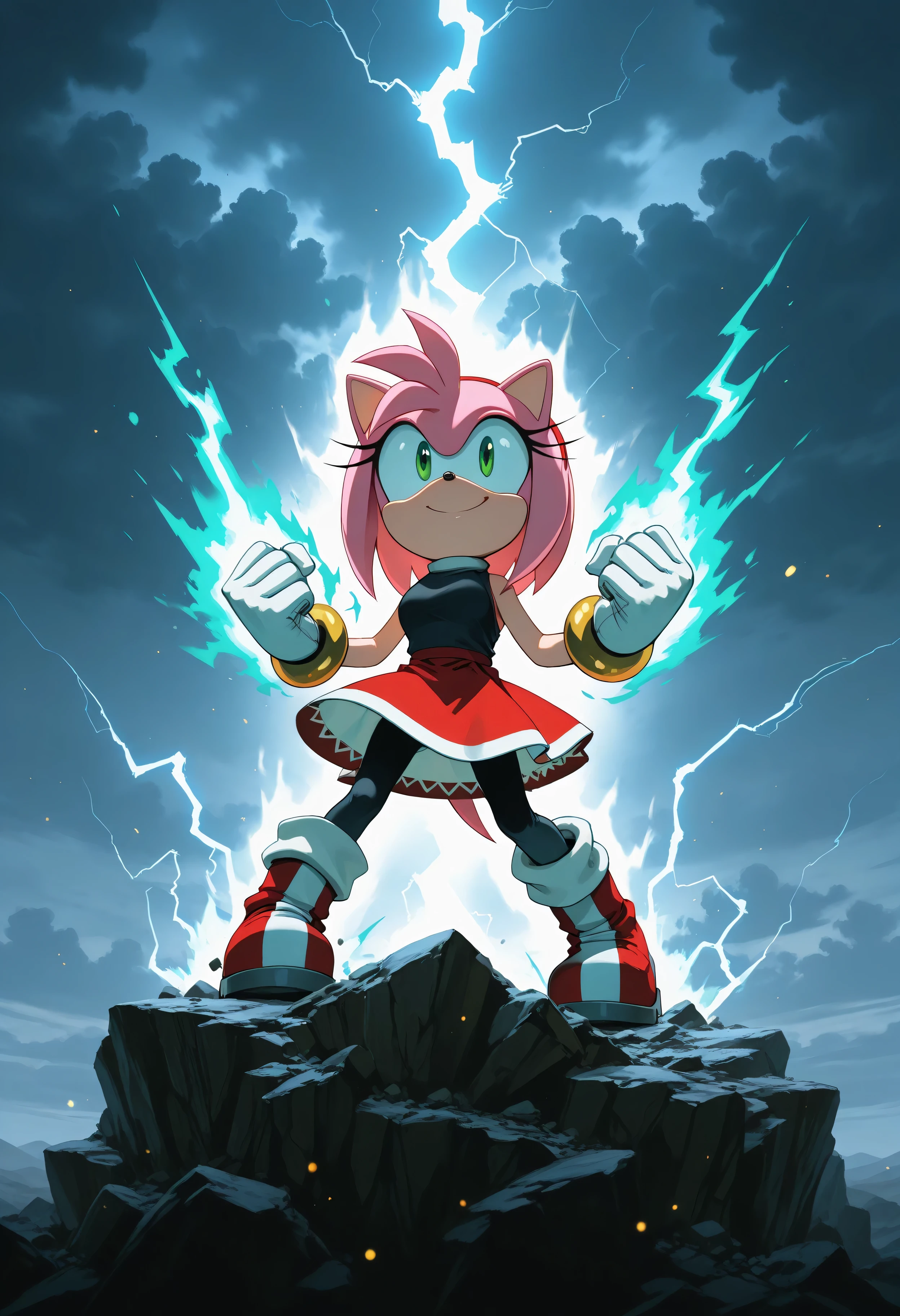 Ultra-detailed cinematic illustration of a  Amy rose , no human, happy face, cute happy face,sozihno,smile face, raised eyebrows,pelo rosa, green eyes,pleated sweater and skirt set, ankle boots,pantyhose, warrior with spiky glowing cyan hair and fur, crackling with intense electric energy. The character is crouched on a jagged rock cliff, fist clenched, eyes glowing bright blue, surrounded by violent lightning bolts and swirling storm clouds. A massive translucent energy spirit version of the same character looms behind him, made of pure lightning and power. Dynamic anime-style action pose, dramatic low-angle shot, dark stormy sky, electric aura, glowing particles, hyper-realistic fur texture, sharp focus, epic fantasy atmosphere, high contrast lighting, volumetric light, ultra HD, 8k, digital painting, concept art, masterpiece quality. 
