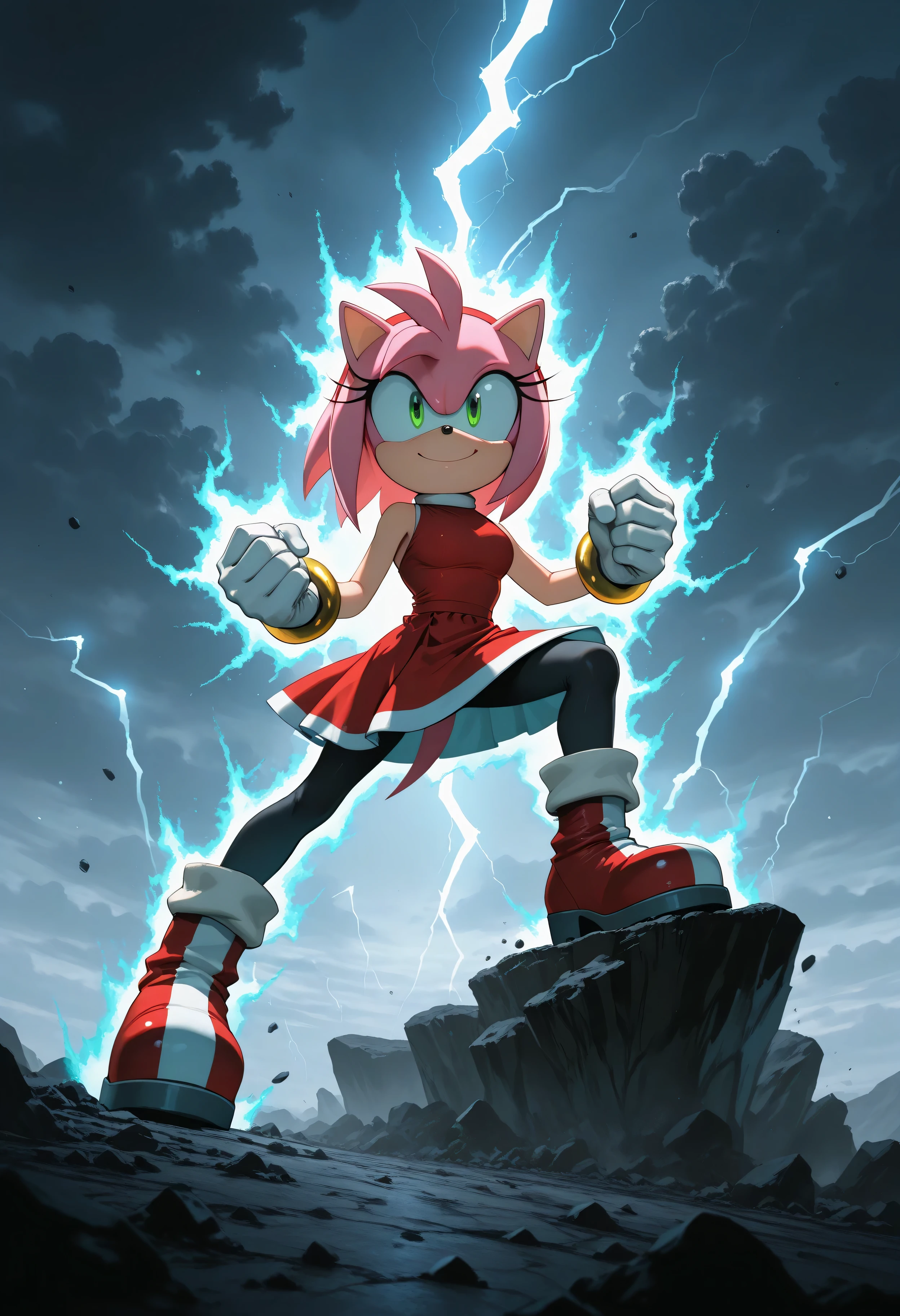 Ultra-detailed cinematic illustration of a Amy rose , no human, happy face, cute happy face,sozihno,smile face, raised eyebrows,pelo rosa, green eyes,pleated sweater and skirt set, ankle boots,pantyhose, warrior with spiky glowing cyan hair and fur, crackling with intense electric energy. The character is crouched on a jagged rock cliff, fist clenched, eyes glowing bright blue, surrounded by violent lightning bolts and swirling storm clouds. A massive translucent energy spirit version of the same character looms behind him, made of pure lightning and power. Dynamic anime-style action pose, dramatic low-angle shot, dark stormy sky, electric aura, glowing particles, hyper-realistic fur texture, sharp focus, epic fantasy atmosphere, high contrast lighting, volumetric light, ultra HD, 8k, digital painting, concept art, masterpiece quality.