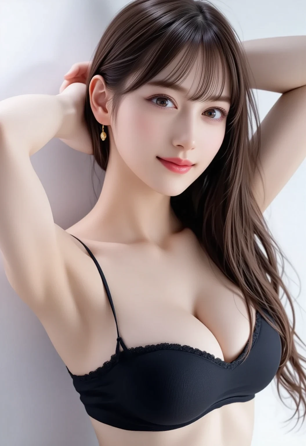Upper body, 1girl in, ???????, Solo, cleavage, Long hair, Dress, Ring, ?????????????, ???? shoulders, Jewelry, Brown hair, Leaning forward, Beautiful lips, Looking at Viewer, Realistic, Black hair, ????????????, 鎖骨、Black competition swimsuit、Too bold high leg、Exposed ??????? are too bold、Swimsuit so tight that your ???????? look digging into)
