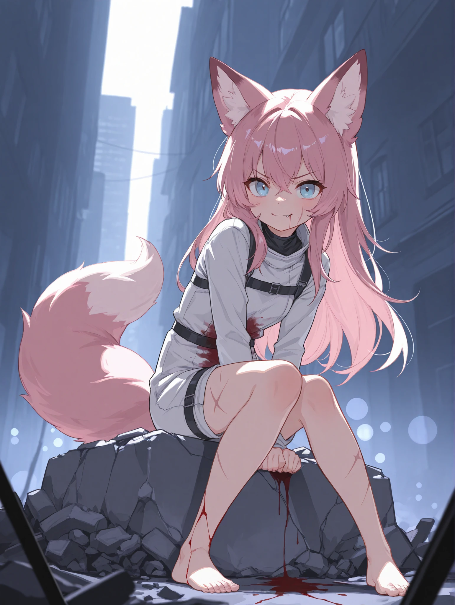 Girl with pink hair, long double-tailed hairstyle, ((small bushy eyebrows)), wearing gothic lolita clothing,  , to school, bored eyes, bored face (Zankuro) drawing style by zankuro artist, Zancrow style, image uploaded in R34, walking to school, flirty smile , suddenly  in public, (( )), ((public  ))   in the male , old man , ((being  by a decrepit old man in a dirty alley, 