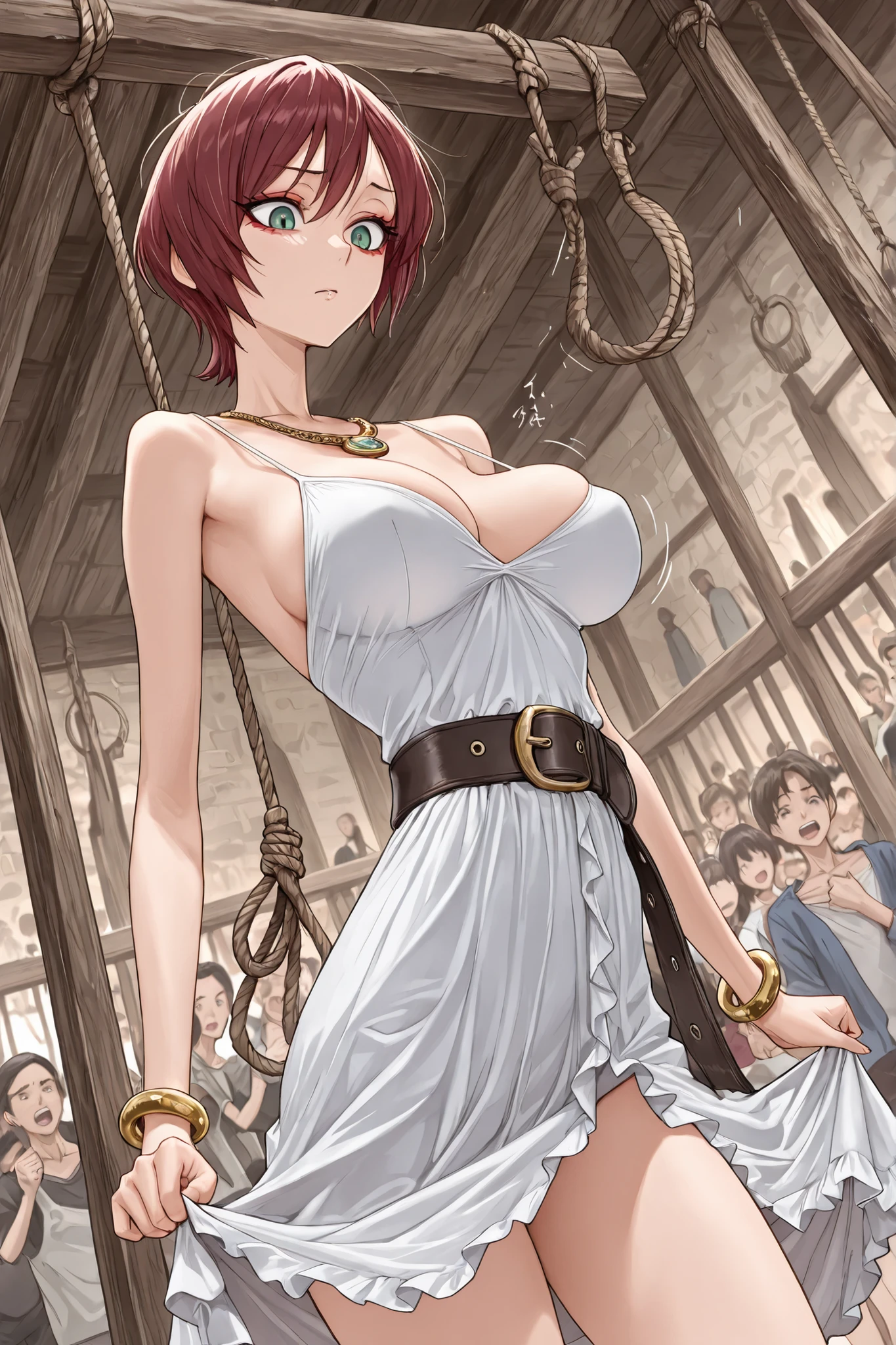 masterpiece, Best Quality,great quality, highest score , uncorrected,beingmadetofeellike It makes me feel like this doujin style illustration, short hair, 1 girl, dark red hair, bigger breasts,, green eyes, slender body, skinny, woman pirate, frilly white dress, wide belt gold bracelet, gold necklaces, gold jewelry, breast jiggle, dynamic angle, expressiveh, skirt up, big eyelashes,eyeliner, noose, executioner, crowd, stripping woman, pushed-up breasts, red eyeshadow, gallows, shackles, auction