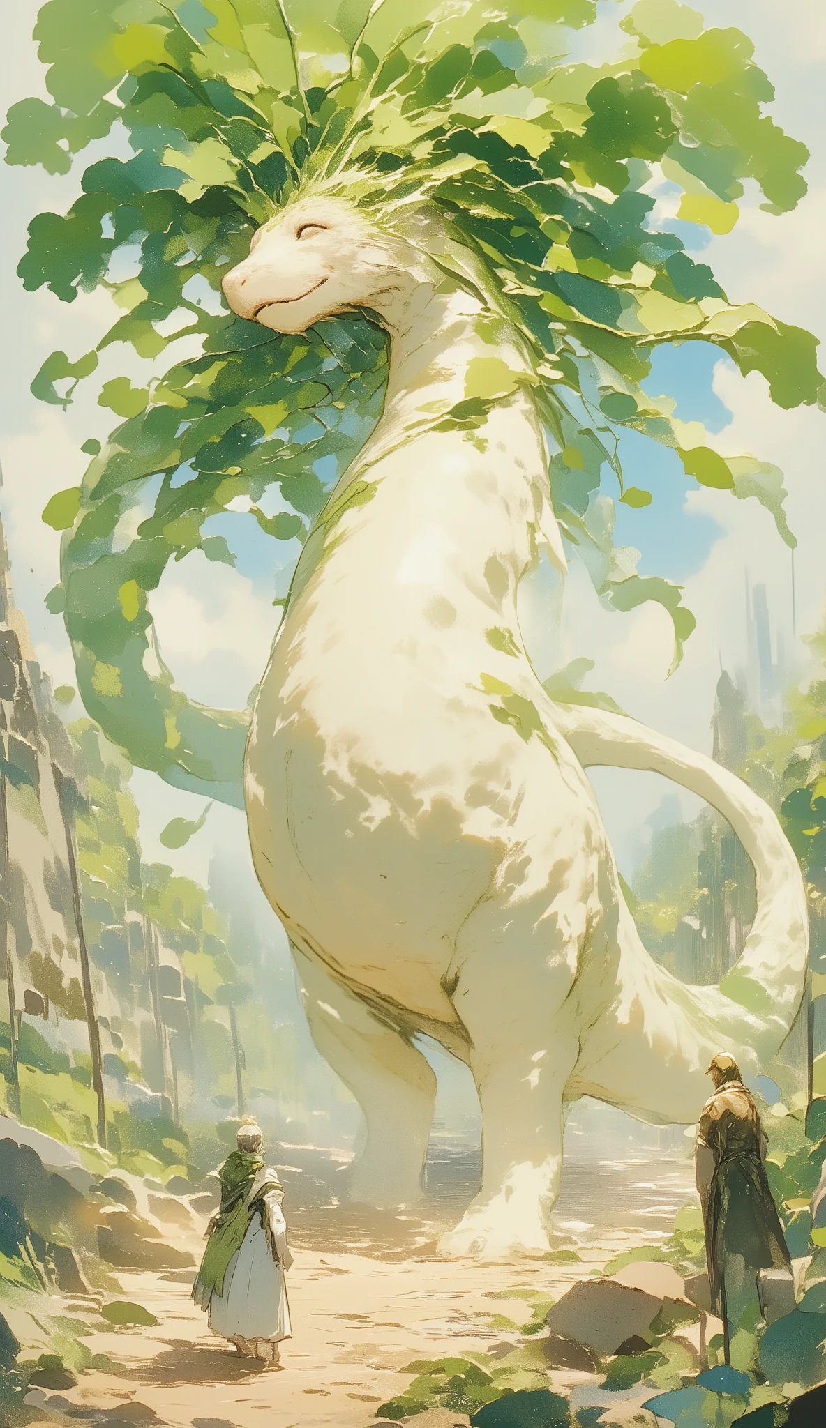 (Giant Daikon Dragon , Summoning a Dragon, super high resolution, masterpiece:1.3, anatomically correct, Extremely Detailed, Extremely Detailed, top quality, high resolution icon、animated illustration floating in the air、a large magic circle under the dragon