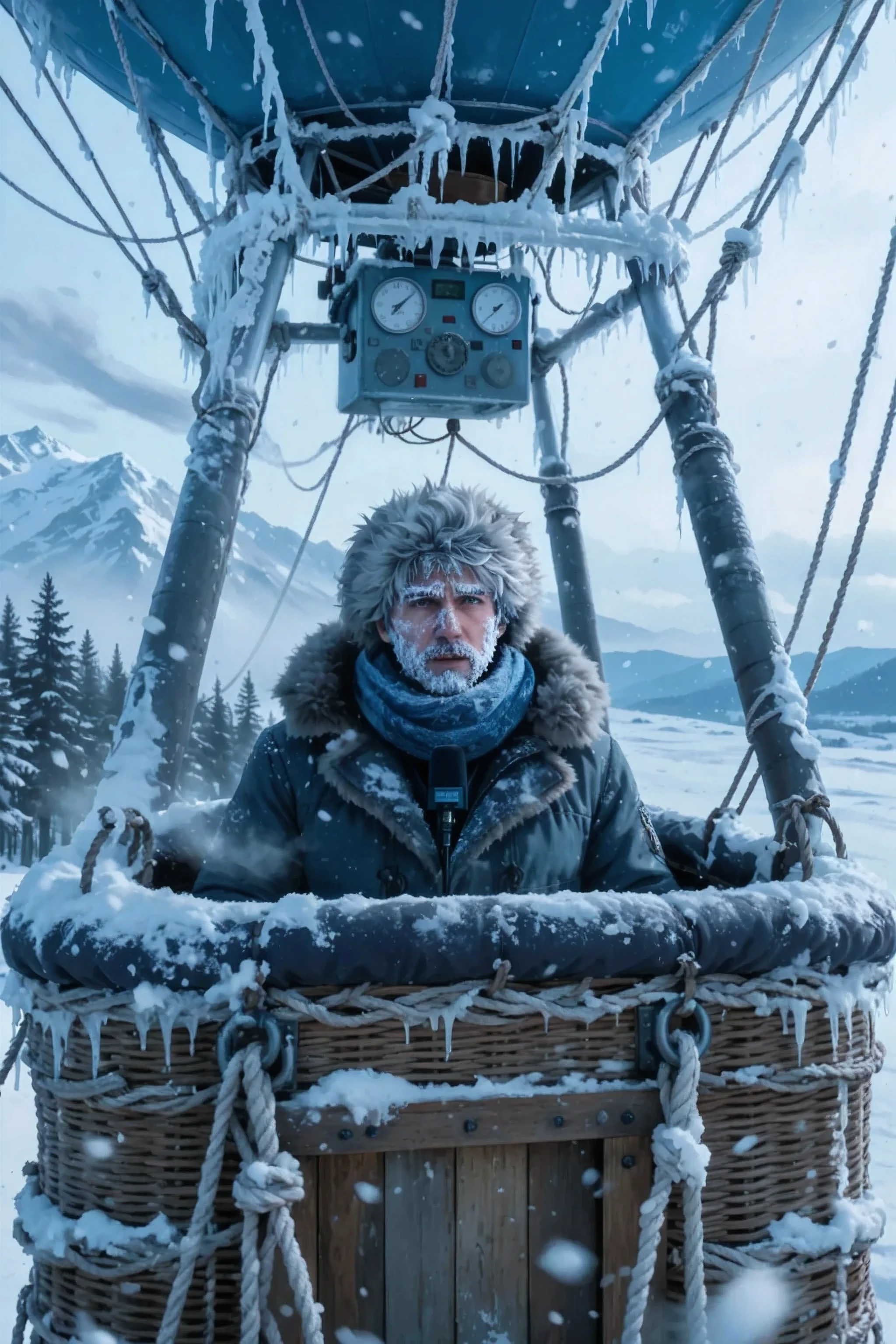 Very close-up: a male reporter of an old wrinkled adult in a massive fur winter park and scarf, thick frost covers his face, eyebrows and lashes. He is behind a wooden, covered with frost and snow from the barrier of an open balloon basket. All the balloon ropes hang with strong threads of multiple ice icicles, frost envelops every rope, planks, metal details — everything is covered with a faded blue coating of cold and snow. behind a man, in the back of the basket, , you can see the dashboard with large metal arms and round dials — all covered with a layer of frost, every element glows with the bluish cold, but does not distract attention from the hero. A snowstorm howls, The air is filled with swirls of snow, , the basket and ropes are swaying in gusts of freezing wind, snow dust and sweeps everywhere. Behind the fence and through the frosty fog on the horizon, you can see long soft blue shadows under the silvery outlines of snow-capped mountains, of a dense cedar forest and a distant icy sea. arctic atmosphere, , the pronounced icy blue style, Winter lighting, maximum frost and snow, cinematic lighting, (masterpiece:1.2)
masterpiece, best quality, ultradetailed, Cinematic emotional static frame, 8K UHD, extremely detailed, physical visualization, HDR.