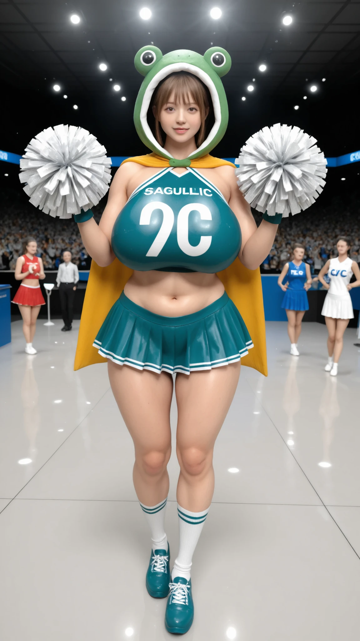 Anime girl figure, highly detailed PVC figure, frog hood, green wears, yellow cape, professional studio photography, realistic paint texture, smooth glossy plastic parts, sharp focus, narrow depth of field.
((Sagging gigantic breasts)), ((close up)), large emphasized bust, full hips, thick thighs.
Energetic high jump kick pose, dynamic movement, alluring expression.
Emphasis on: Expression, pose, costume, staging, angle, details, information density, sexuality, lighting, realistic texture, originality, high-resolution.Red and white cheer uniform, sleeveless top, very short crop top, navel exposure, highly detailed pleated mini skirt, flowing skirt.
The fabric has a realistic texture: (glossy spandex material), tight fit, realistic sweat sheen on skin texture.
Red and white pom-poms, ribbon details, bold graphic patterns on the uniform, glossy paint finish.Stadium floor background, strong spotlight and stage lighting, dramatic atmosphere, crowd bokeh.
(Volumetric studio lighting), deep shadows, vibrant colors, dynamic atmosphere of a competition.(PVC figure style, not real human photo), (not illustration, highly realistic 3D render look).
Masterpiece, professional collectible figure advertisement photo, museum quality.