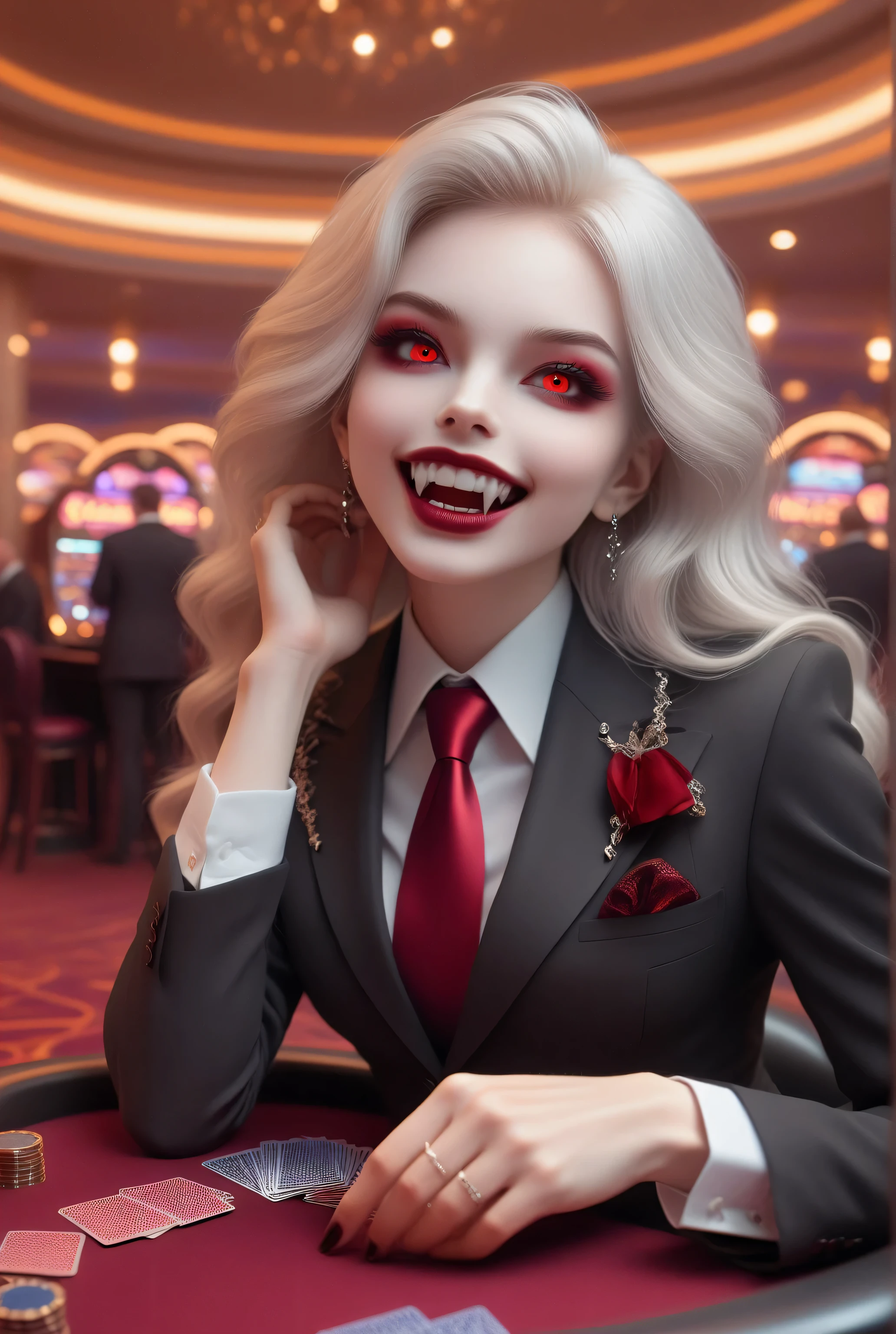 vampyfangs1,Vampire fangs teeth,Fantasy Elements, soft luminous hues, , a picture of a female vampire, dealing bloody poker cards in a casino,  vicious smile,  an extraordinary beautiful, elegant beauty, pale skin, vampire fangs, red eyes, glowing eyes, best detailed face,  white hair, rich hair, wavy hair, wearing dark suit, red tie, goth themed suit, elegant suit, goth casino background,  Hyperrealism style, vibrant, Ultra-high resolution, High Contrast, (masterpiece:1.5), highest quality, Best aesthetics), best details, best quality, highres, ultra wide angle, 16k, [ultra detailed], masterpiece, best quality, (extremely detailed) RAW, 