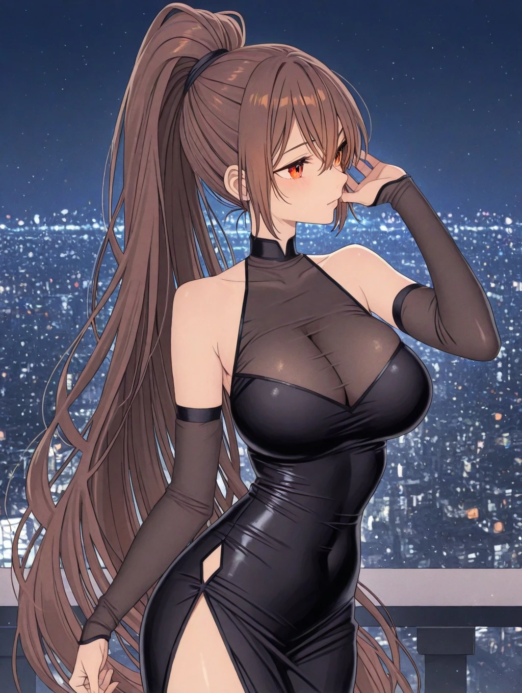 Beauty、smile、back、Waist、elegant、Beautiful eyes、atmosphere、beautiful、、latex、Bodysuits、　cowboy shot,、Brown Hair、Lots of sweat、City night view、Fantastic Light、???????????、(??????????? bust 90)、ART、UHD、highest quality、masterpiece、