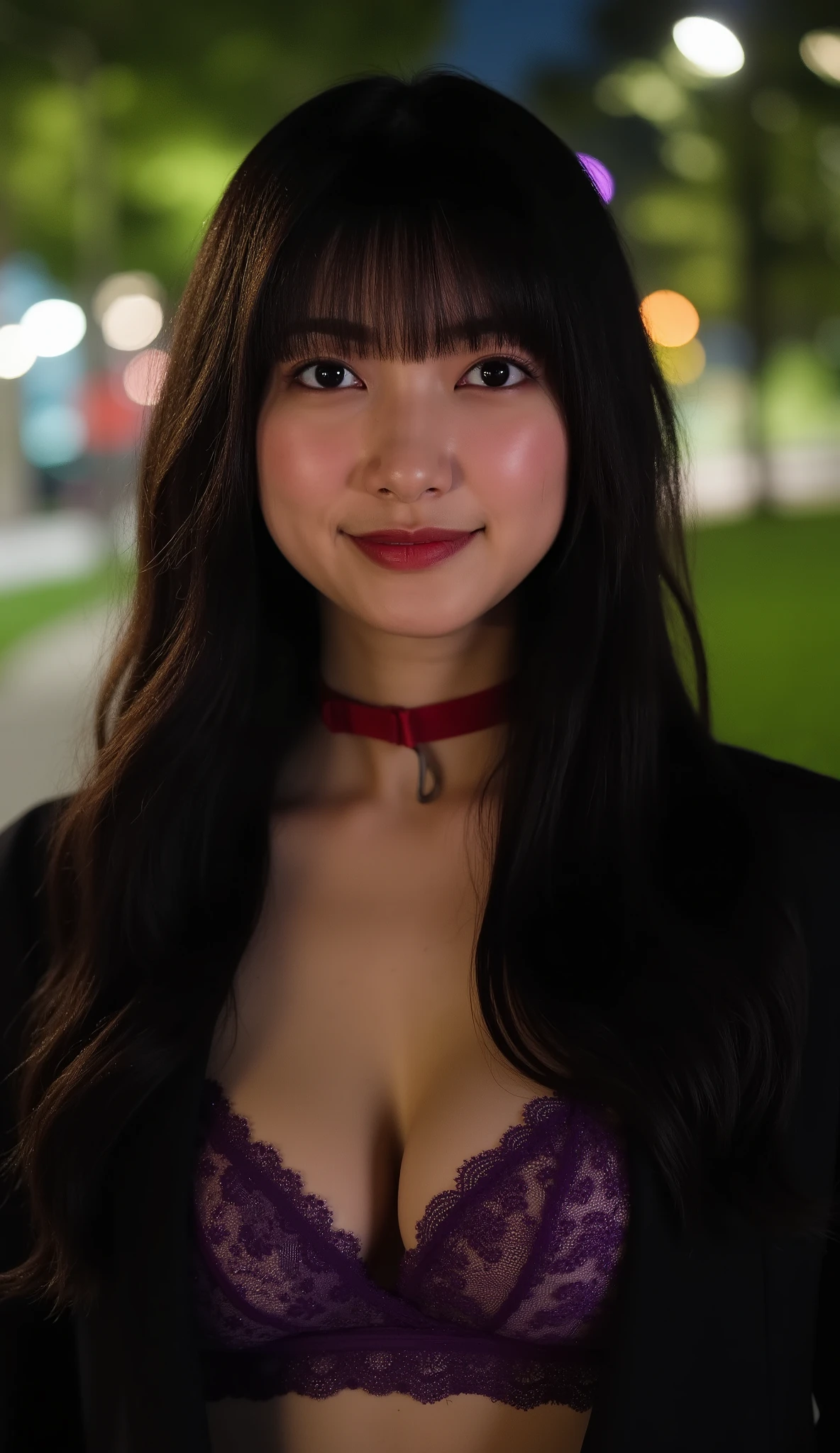 relaxed atmosphere。Walking through a dark park at midnight。is wearing a suit。See through purple lace bra and thong。holding the bridle {x} wearing a red collar。Beautiful Cleavage。A Woman Smiles Embarrassingly、the face looks bright and elegant。hair is black、bangs and long gentle waves。 bright black eyes 。The background is a midnight park 、portrait-style soft blur and shallow depth of field。Realistic high resolution、real style。