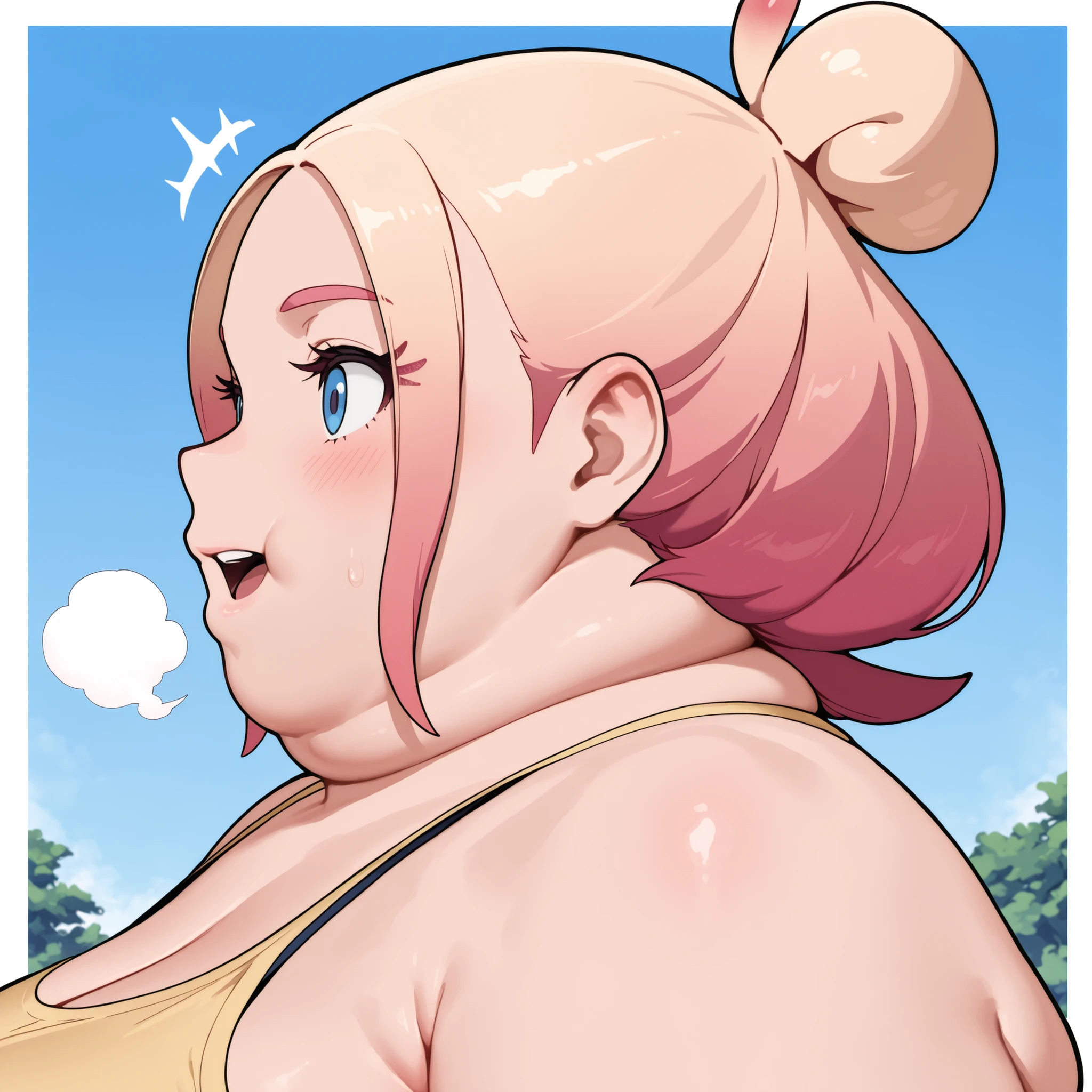 taunie, aged up, taunie \(pokemon\), pink hair, blonde hair, gradient hair, multicolored hair, single hair bun, ahoge, blue eyes, short hair, sidelocks, masterpiece,best quality,amazing quality,bulging belly, fat, chubby, obese, open mouth, out of breath, absurdres, portrait, pov belly, straight-on, from side, swollen face, masterpiece, best quality, ultra-detailed, high resolution, 8K, fat face, wide face,