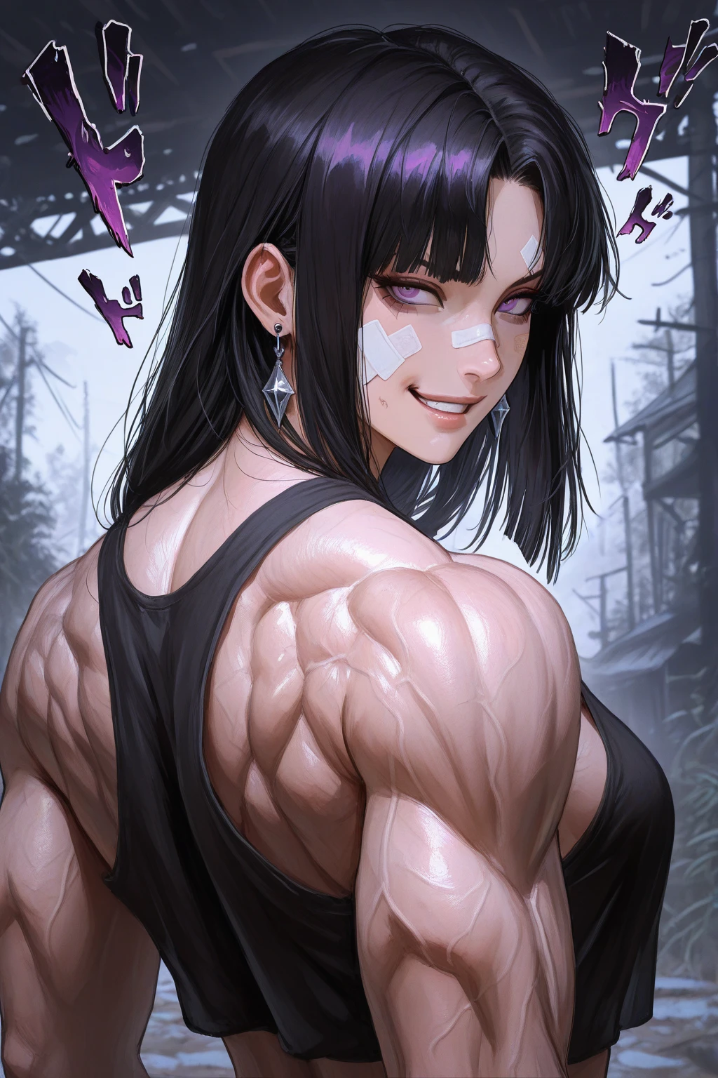 ((((((muscular 1 girl)))))), large , toned body, black hair, pale skin, yellow eyes, very long hair steamy foggy sweaty angry shiny skin from below