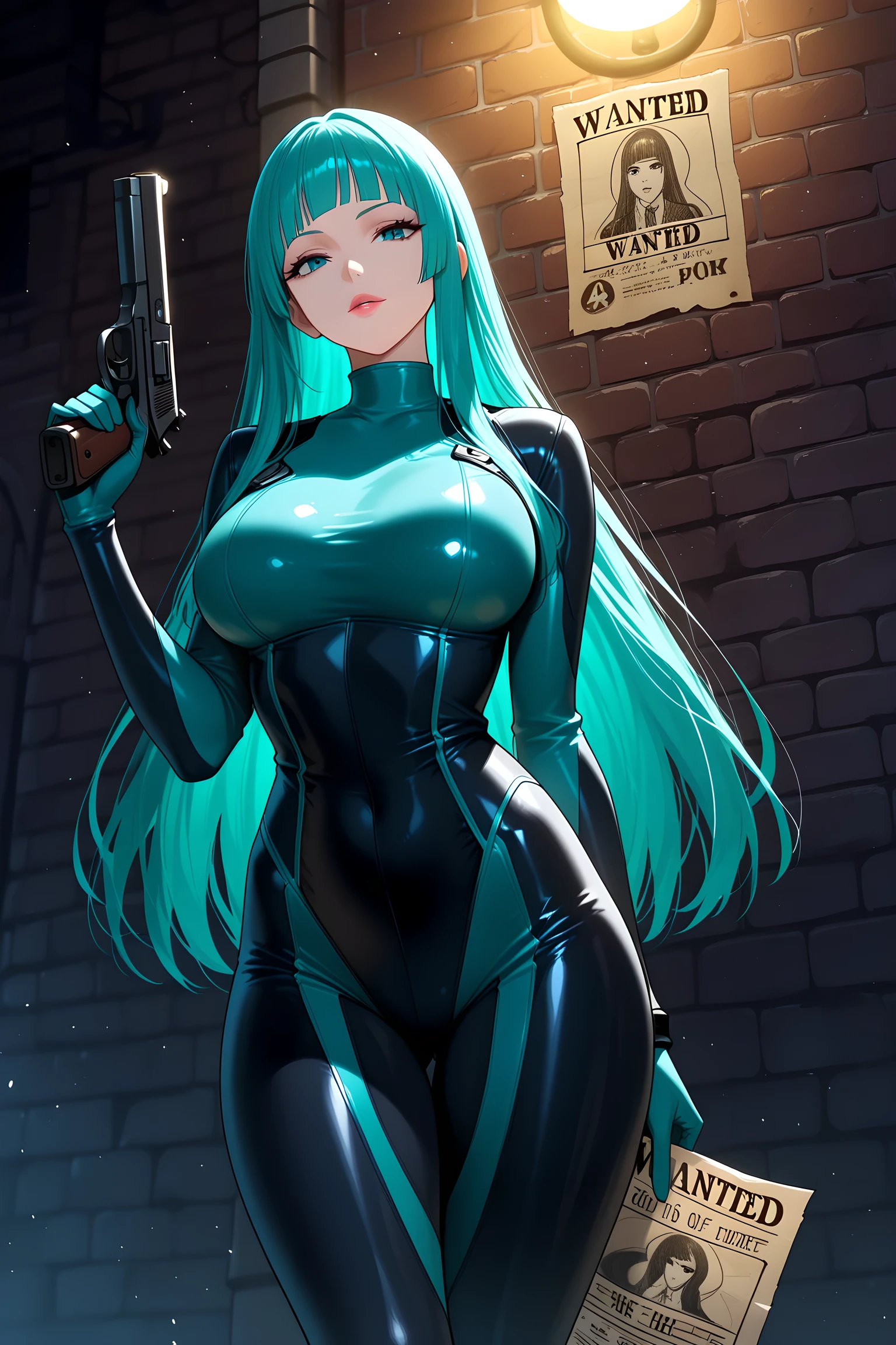 She is a cute woman, long aqua hair, straight bangs.
Her occupation is a high-ranking female bounty hunter.
She's holding a wanted flyer.
She's holding a gun in her other hand, ready to fire.
She's armed, making it clear she's a bounty hunter.
Glamorous body, breasts, high-neck bodysuit.
Sensual, tempting, dynamic pose.
A spooky back alley, with a faint streetlight that's about to go out.
A Wanted poster is in the background.
Top quality, masterpiece.