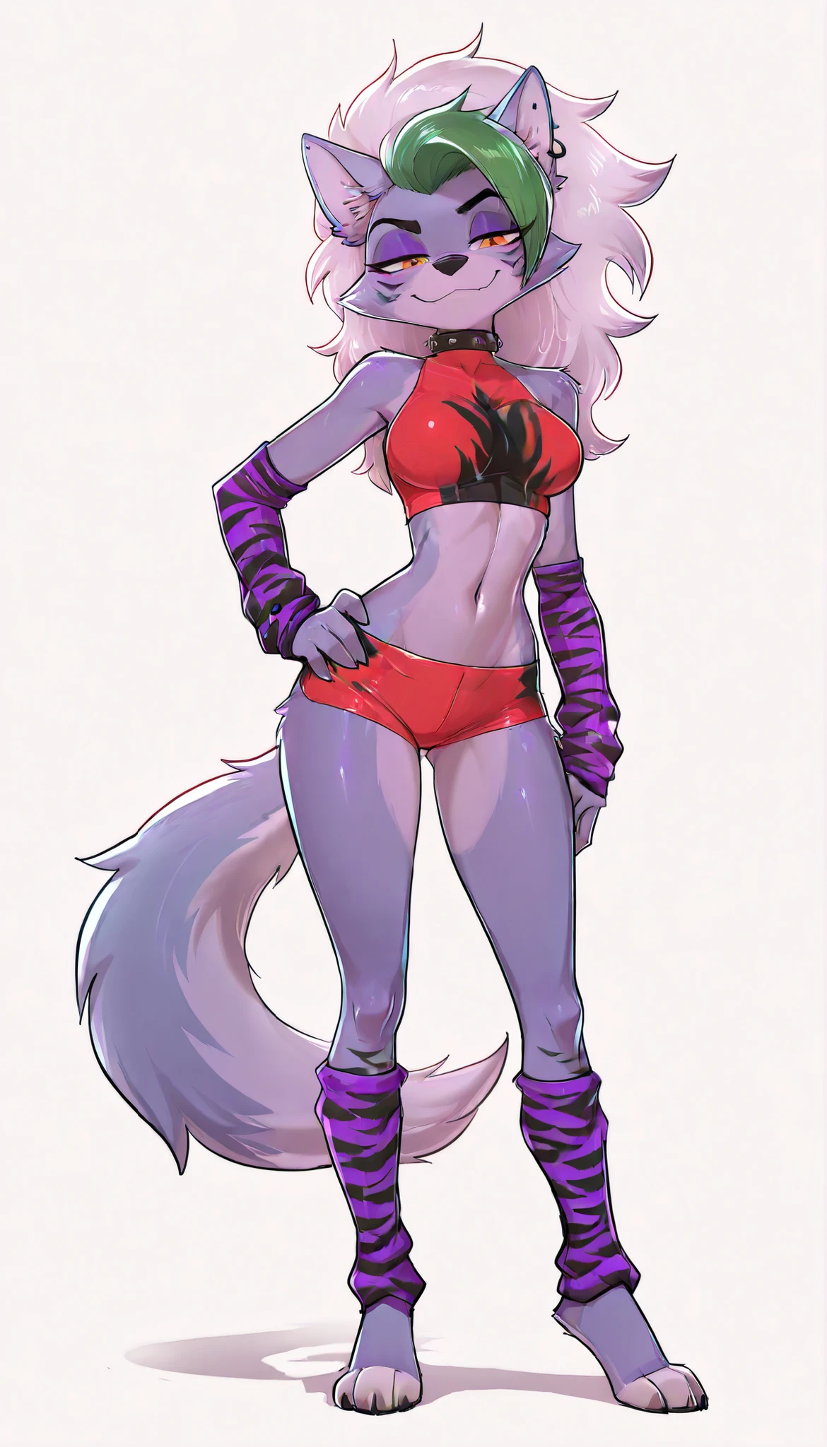 score_9,score_8_up,score_7_up, source_cartoon, source_furry, masterpiece, best quality, amazing quality, very aesthetic, absurdres, 1girl, furry girl, young, anime style, roxanne wolf, long white hair, teal streak, black spikes, yellow eyes, masterpiece, best quality, furry, cartoon, silver hair, orange eyes, wolf ears, green bangs, ((red croptop, studded collar, earring, purple tigerprint arm warmers, studded piercing, red short hotpants, red shoulderpads)), medium breasts, high quality, detailed body, detailed eyes, detailed face, masterpiece, glistening body, detailed body fur, best quality, skinny, :3, perfect lighting, perfect shadows, perfect eyes, perfect hair, perfect face, gorgeous body, full body, feets with three toes, white background, sensual stare, short stature, standing, looking at viewer, one hand on hip, (nailess, clawless),