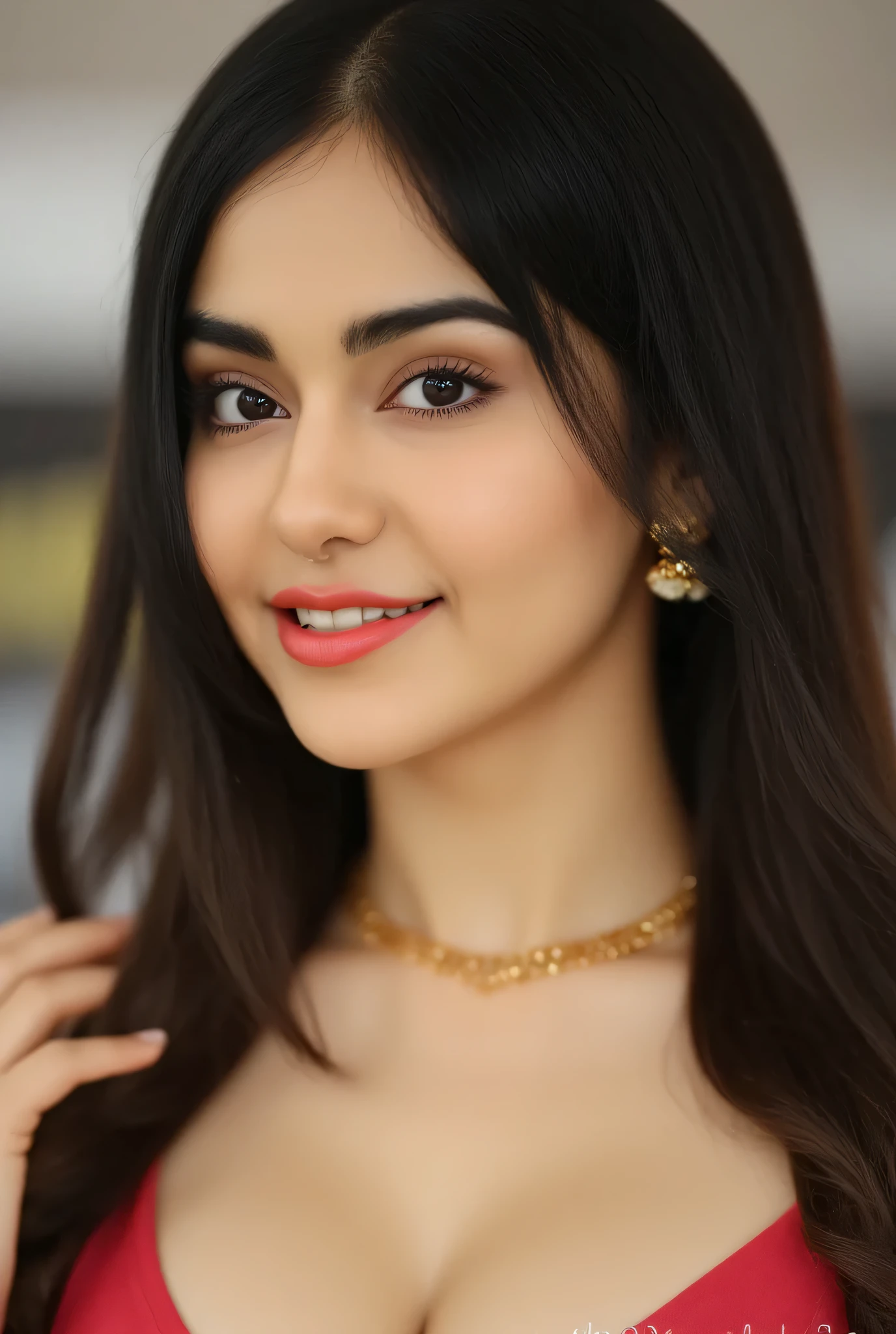 (detailed beautiful eyes and detailed face, masterpiece side light, masterpiece, best quality, detailed, high resolution ), (1 women, beautiful women, colossal breasts, looking down, looking at viewer), ( wavy hair, legging,sexy very deep neck black and red blouse) 45 degrees, top view, (hand detail), sexy long straight brunette hair style glossy hair fluffy princess like hairstyle , tight breast curves deep cleavage 