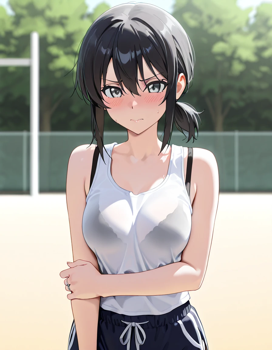 anime style: Kimi no Koto ga Dai Dai Dai Dai Daisuki na 100-nin no Kanojo, symmetrical face, white woman and light brown hair, young woman of 1, very realistic anime, a slave woman from ancient Egypt with a crop top period linen, short tight , body similar to Priscilla Ricart, walking to the bank of the Nile River with very short clothing thin and light as air, very  and  girl, 38D cup , with  details and intricate realistic elements, random angle,  view, 