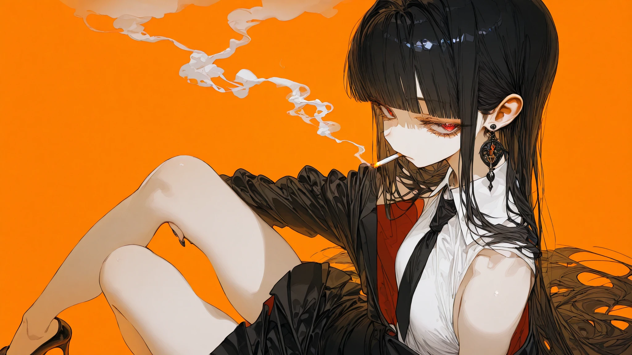  c2Fn, 1girl, solo, black hair, long hair, cigarette, necktie, jacket, smoking, shirt, jewelry, high heels, black necktie, earrings, simple background, looking at viewer, black nails, black jacket, smoke, white shirt, black footwear, collared shirt, nail polish, sleeveless, sleeveless shirt, blunt bangs, skirt, red background, off shoulder, fingernails, sitting, orange background, black skirt,  legs, very long hair, mouth hold, smoke trail, red eyes, from side