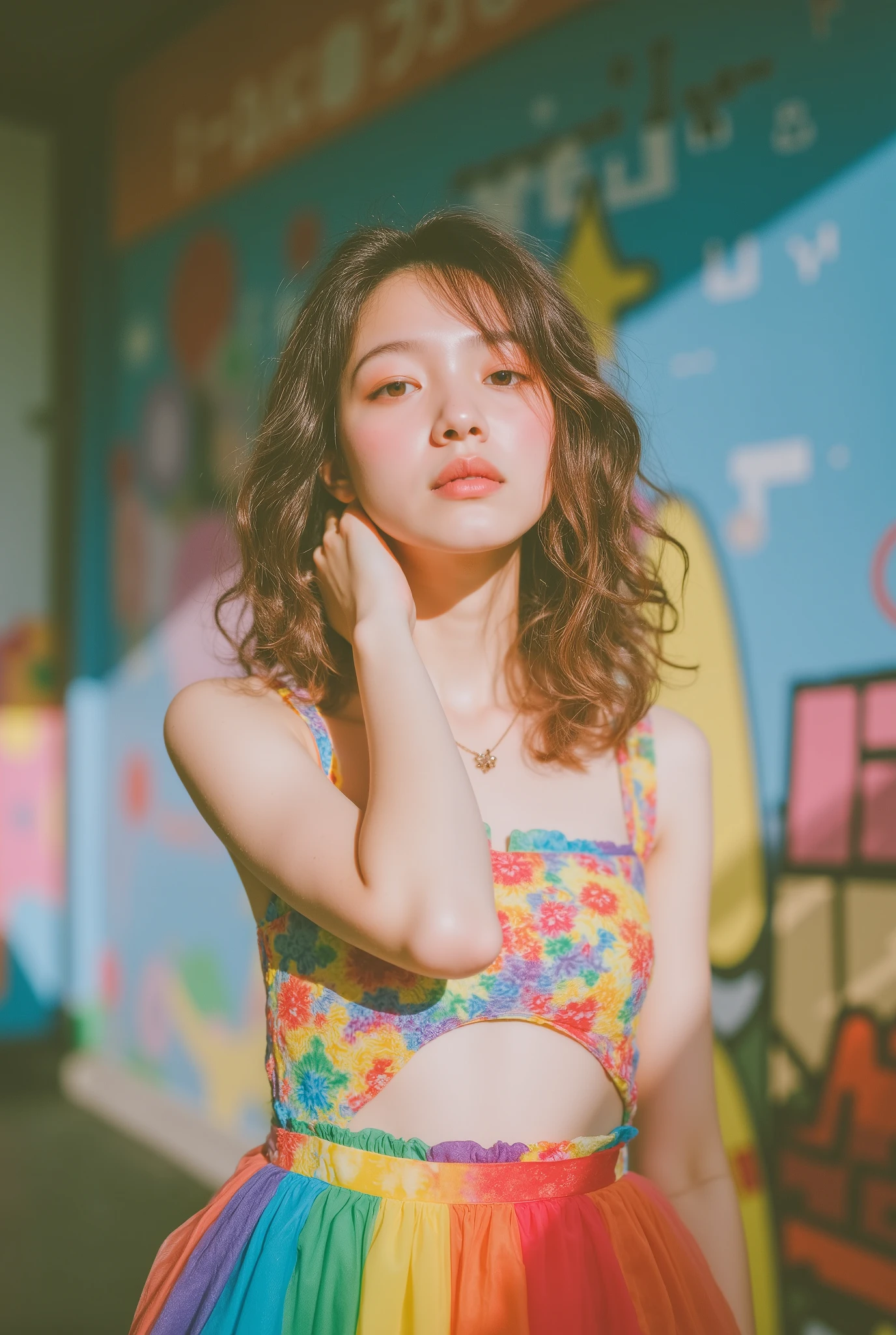 Rainbow color pop portrait of a 20-year-old Japanese female model wearing vibrant multi-colored outfit against colorful urban art wall playful pose joyful expression bright even lighting youthful energy fashion editorial style --ar 4:5