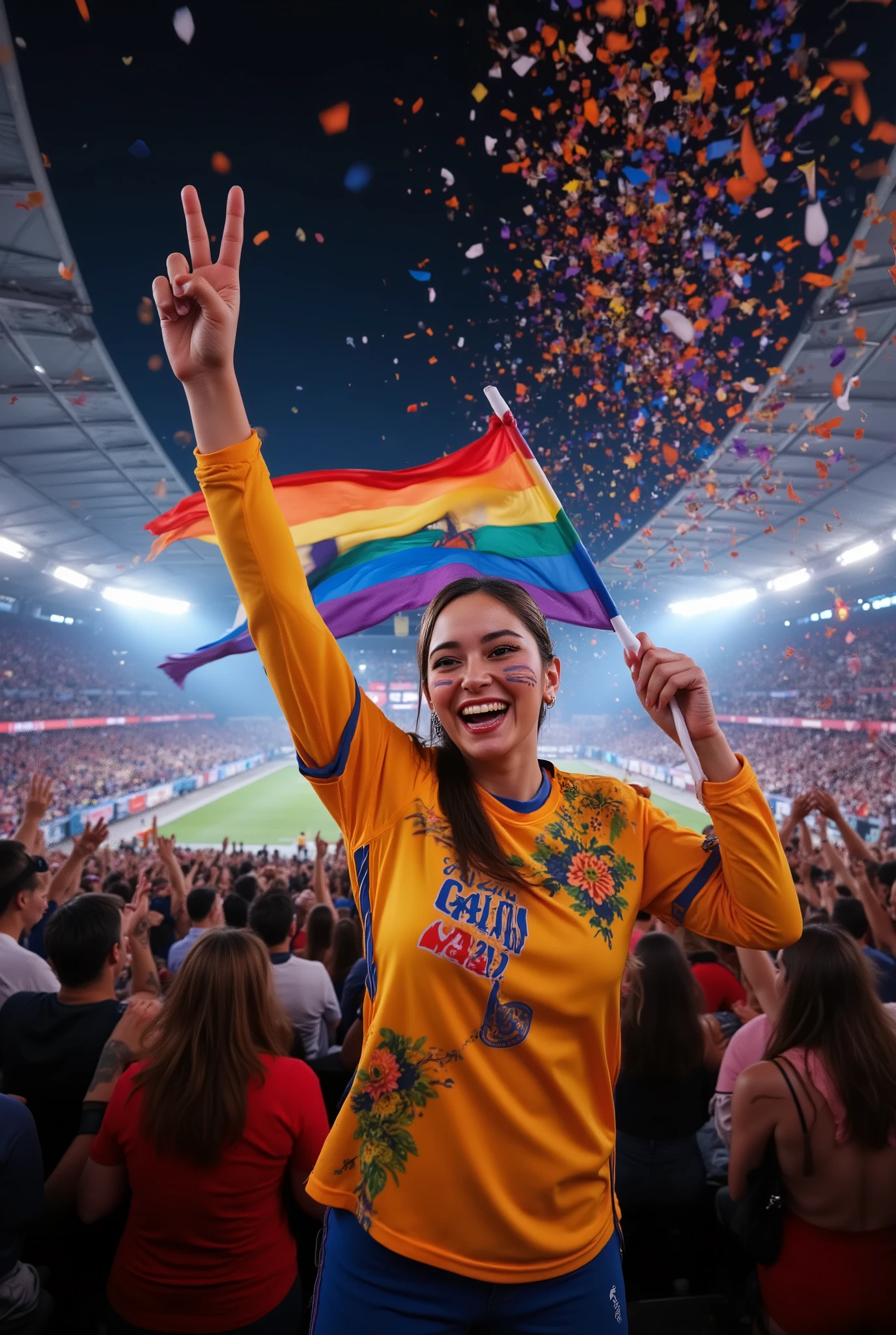 v4lt1,An epic, photorealistic wide-angle shot of a jubilant woman at a roaring stadium, her team’s jersey glowing under dramatic floodlights. She raises a massive, rainbow-colored foam finger triumphantly, her face painted in bold streaks of team colors like war paint. A swirling flag unfurls behind her, catching the wind as confetti explodes into the air like fireworks. The crowd around her is a blur of ecstatic motion, captured with dynamic cinematic energy. The atmosphere feels electric — a fusion of sports photography and festival celebration, with vibrant neon tones, high-contrast lighting, and a sense of unstoppable momentum.