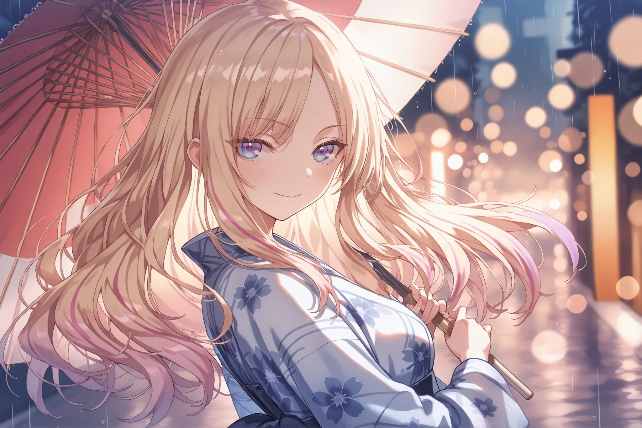 1 beautiful girl,(beautiful girl : 1.3),masterpiece,top quality,high quality images,8k,texture to,Highly accurate selection,Unity 8k壁紙,detailed images, 1girl, Senajo 2 Idol, multicolor hair, Hand Drawn Dream World,Watercolor Smudges,thick outlines are displayed,Illustration Style,Sparkling, Bokeh, depth of field, Blurry Background, clear line, dynamic angle looking up from her pubic area,Actions, long eyelashes on the head ,Japanese Umbrella , blue floral yukata,Flowers are shiny , staring at the viewer , Reach Out to Viewers,Gentle smile , rain , Kyoto cityscape at night , illuminated by beautiful light , Shining Light,Rainbow particles,holographic effect