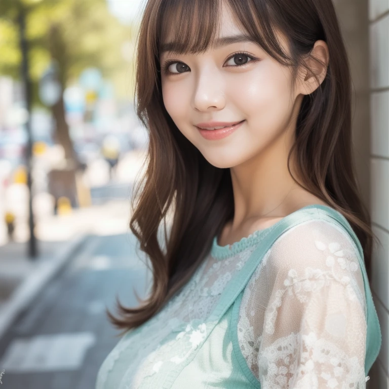 table top、supreme beauty、Beautifully shaped breastasterpiece, 1 girl, solo、thin white shirt、detailed, Depth of the bounds written, 135mm, rough skin, super detailed, high quality, award-winning, 最high quality, High resolution, 8K, white skin,love brown hair、random hair、cute face、big smile、adult beauty、25 years old、1 person per person in Japan、best image quality、超High resolution、8K、dazzling sunlight、delicate pictures、Old back alley in Okinawa、realistic background