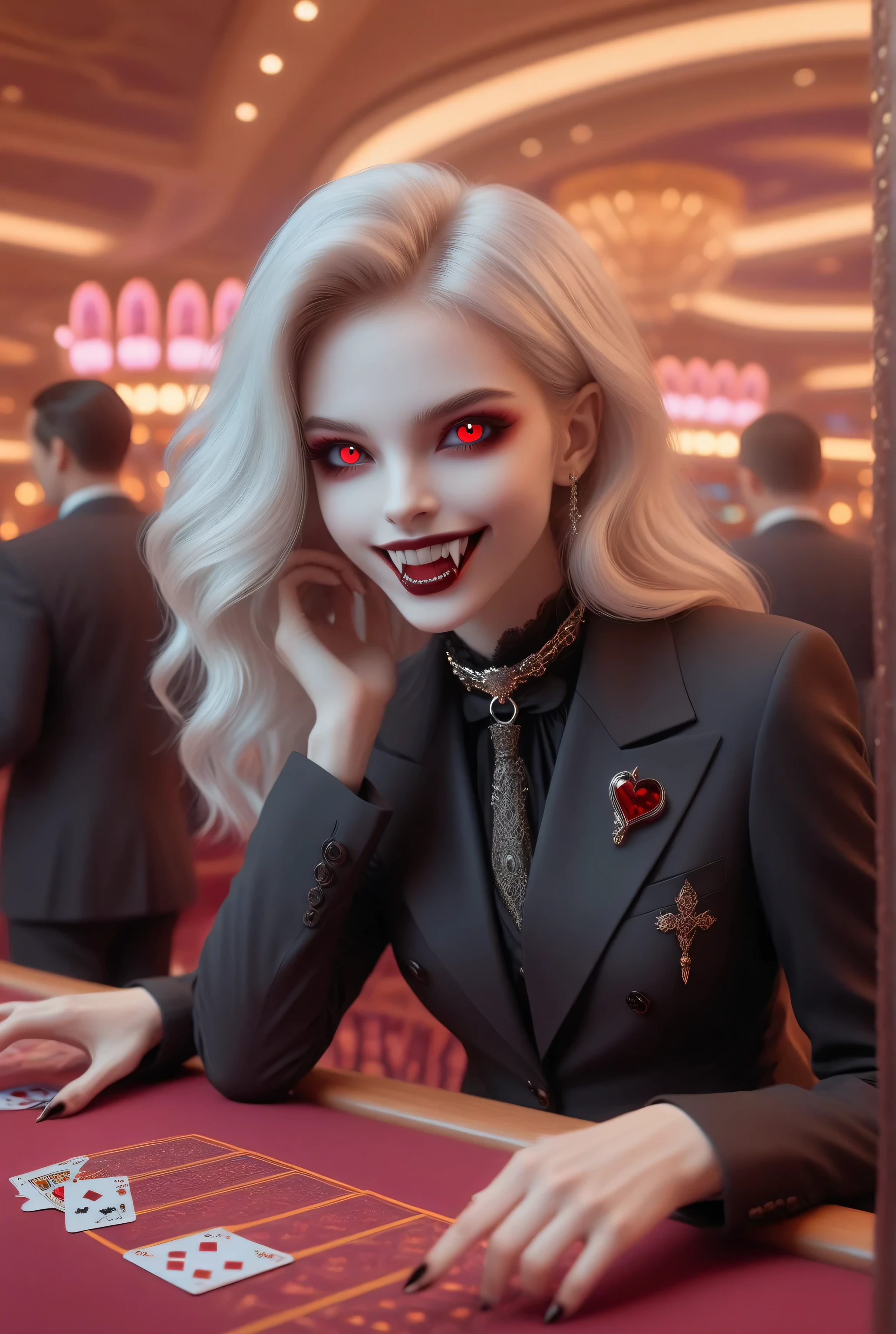 vampyfangs1,Vampire fangs teeth,Fantasy Elements, soft luminous hues, , a picture of a female vampire, dealing bloody poker cards in a casino,  vicious smile,  an extraordinary beautiful, elegant beauty, pale skin, vampire fangs, red eyes, glowing eyes, best detailed face,  white hair, rich hair, wavy hair, wearing dark suit, red tie, goth themed suit, elegant suit, goth casino background,  Hyperrealism style, vibrant, Ultra-high resolution, High Contrast, (masterpiece:1.5), highest quality, Best aesthetics), best details, best quality, highres, ultra wide angle, 16k, [ultra detailed], masterpiece, best quality, (extremely detailed) RAW, 
