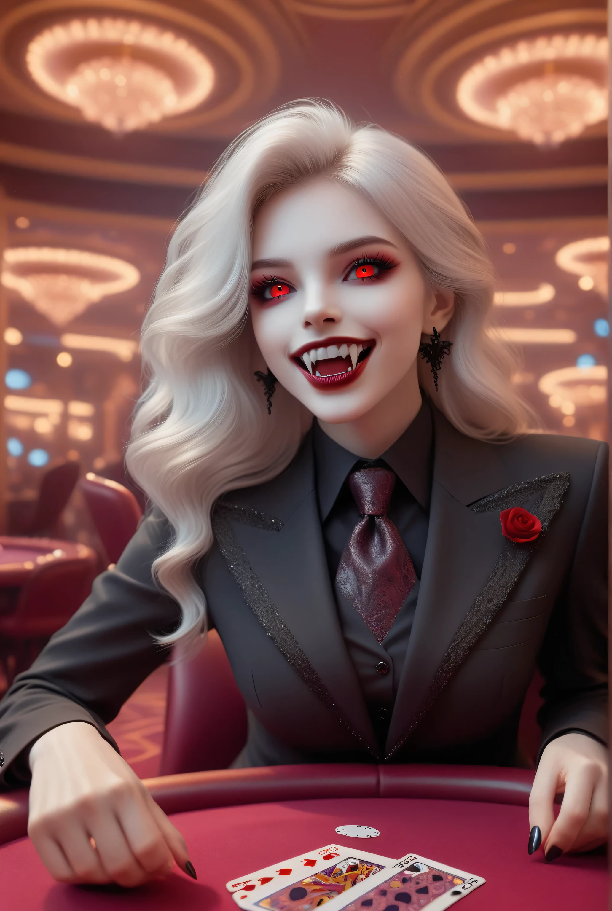 vampyfangs1,Vampire fangs teeth,Fantasy Elements, soft luminous hues, , a picture of a female vampire, dealing bloody poker cards in a casino,  vicious smile,  an extraordinary beautiful, elegant beauty, pale skin, vampire fangs, red eyes, glowing eyes, best detailed face,  white hair, rich hair, wavy hair, wearing dark suit, red tie, goth themed suit, elegant suit, goth casino background,  Hyperrealism style, vibrant, Ultra-high resolution, High Contrast, (masterpiece:1.5), highest quality, Best aesthetics), best details, best quality, highres, ultra wide angle, 16k, [ultra detailed], masterpiece, best quality, (extremely detailed) RAW, 