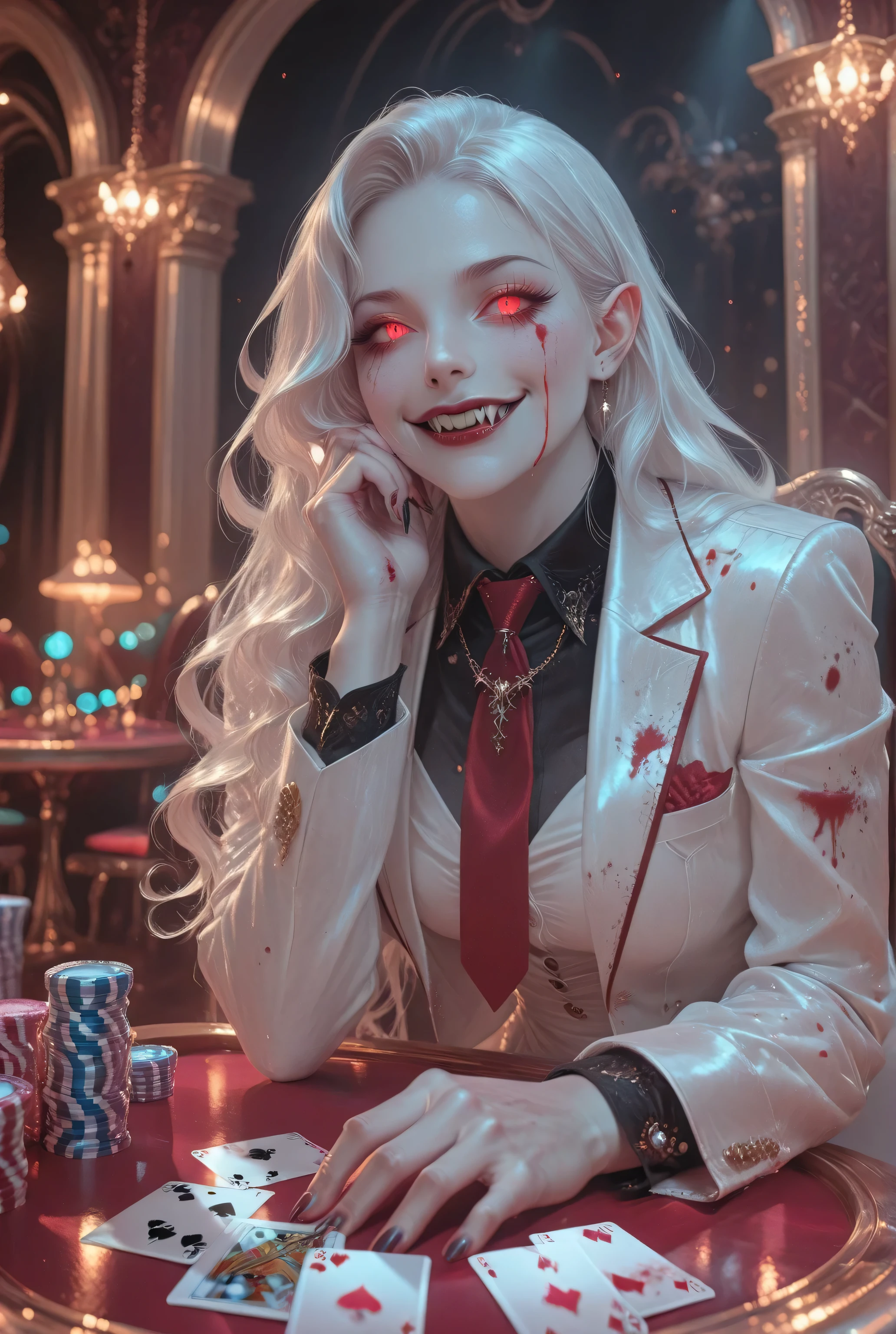Vampire fangs teeth,Fantasy Elements, soft luminous hues, , a picture of a female vampire, dealing bloody poker cards in a casino,  vicious smile,  an extraordinary beautiful, elegant beauty, pale skin, vampire fangs, red eyes, glowing eyes, best detailed face,  white hair, rich hair, wavy hair, wearing white suit, with stains of blood, red tie, goth themed suit, elegant suit, goth casino background,  Hyperrealism style, vibrant, Ultra-high resolution, High Contrast, (masterpiece:1.5), highest quality, Best aesthetics), best details, best quality, highres, ultra wide angle, 16k, [ultra detailed], masterpiece, best quality, (extremely detailed) RAW, 