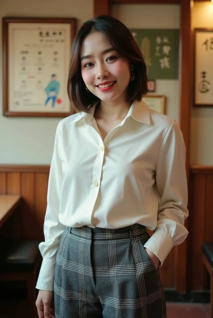 highest quality,Best image quality,Ultra-high resolution,8K,(Hyperrealism:1.1),High saturation,(Realistic:1.2),Accurate ,Depth of written boundary,Ideal Body,Japanese,18 year old beautiful girl,Beauty,cute,A kind smile,Brown Hair,Short Bob Hair,(Droopy eyes:1.2),slightly thin lips,E cup breasts,Soft Breasts,Rounded ass,Realistic Skin,(sunburned:1.4),(Wheat skin:1.4),(Height: 154cm:1.2),1 girl,The whole body is visible,(Cafe staff:1.4),女の子のcuteランダムなポーズ,Stylish cafe,(Light brown skirt:1.2),(White blouse:1.2),