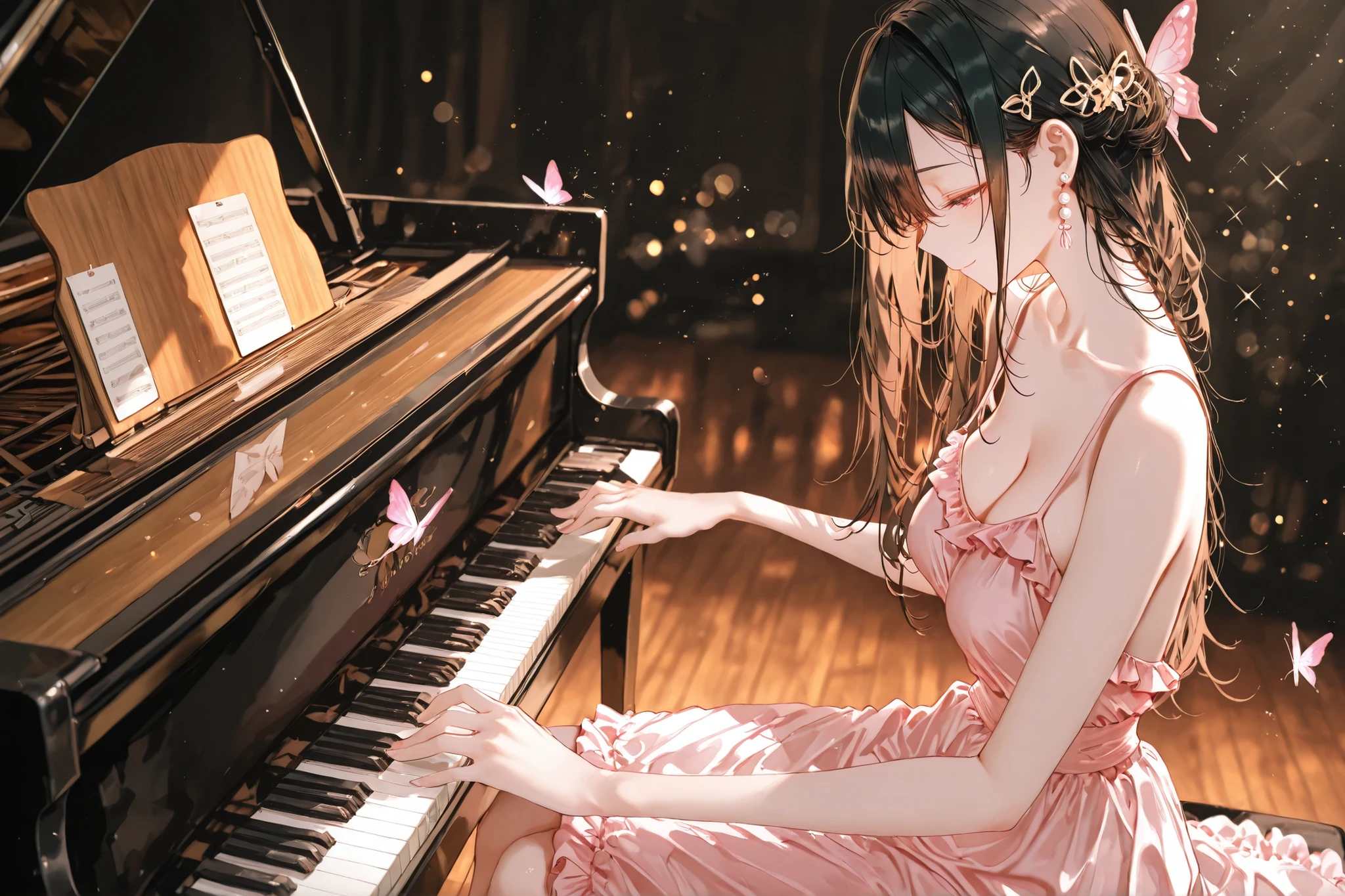 artist: kazutake _hazano , artist:danimaru,[artist:listen_(listenzy)], artist:wash, artist:Urop, artist:Mt. Fuji,  artisit :Crab_(Crabworks)，artist:_(kei), atricite :109,
1 grill ,chest,pearl earrings on the back of the foot,butterfly hair ornaments,Disconnect,collarbone,dress,earrings on the back of the foot,frilled dress,frills,side of the sky,hair ornaments,æ¥ç®,Jewelry,midium chest,long black hair,piano,pink dress,playing æ¥ç®,playing piano,Profile,sitting,sleeveless,sleevenless dress,
solo,smile,HALF CLOSED EYES,closed mouth,cowboy shot,backlight,(blurred Sparkling,Sparkling:1.3)