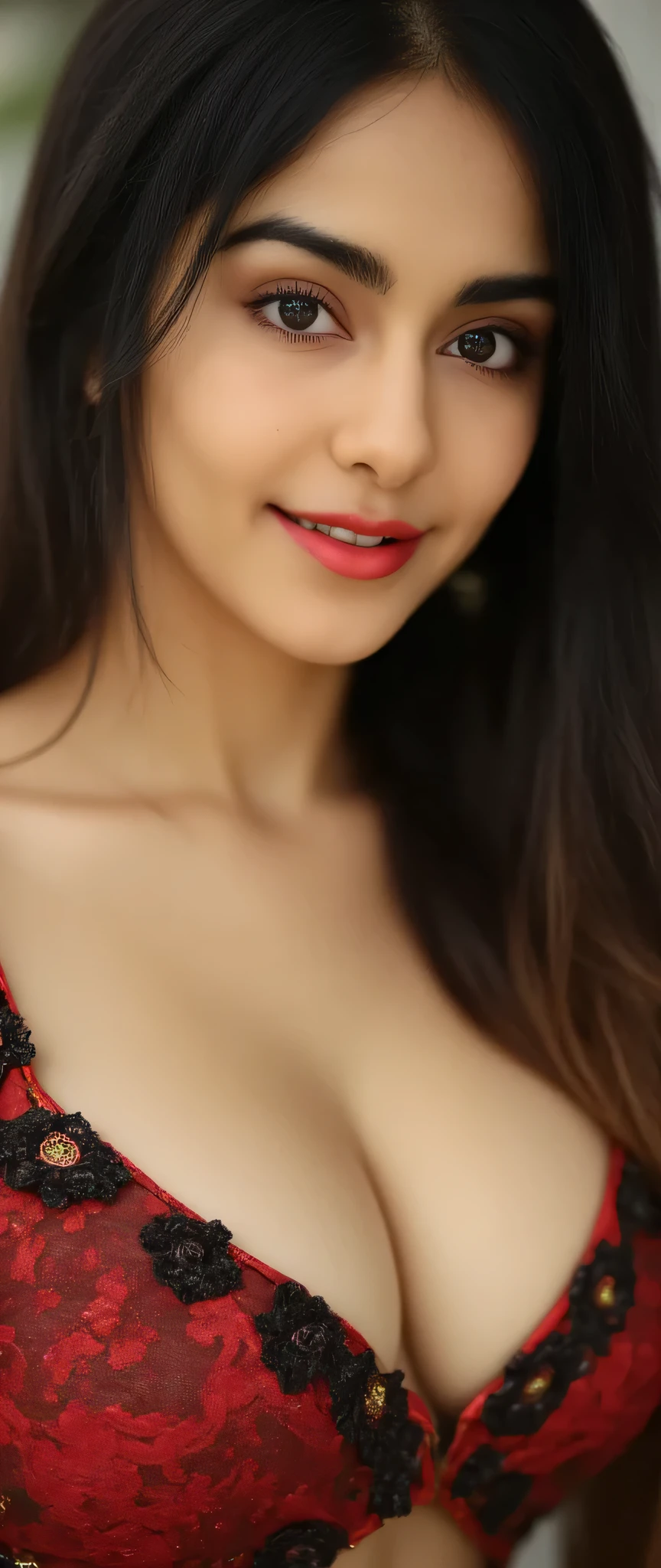(detailed beautiful eyes and detailed face, masterpiece side light, masterpiece, best quality, detailed, high resolution ), (1 women, beautiful women, colossal breasts, looking down, looking at viewer), ( wavy hair, legging,sexy very deep neck black and red blouse) 45 degrees, top view, (hand detail), sexy long straight brunette hair style glossy hair fluffy princess like hairstyle , tight breast curves deep cleavage , sexy long hair style