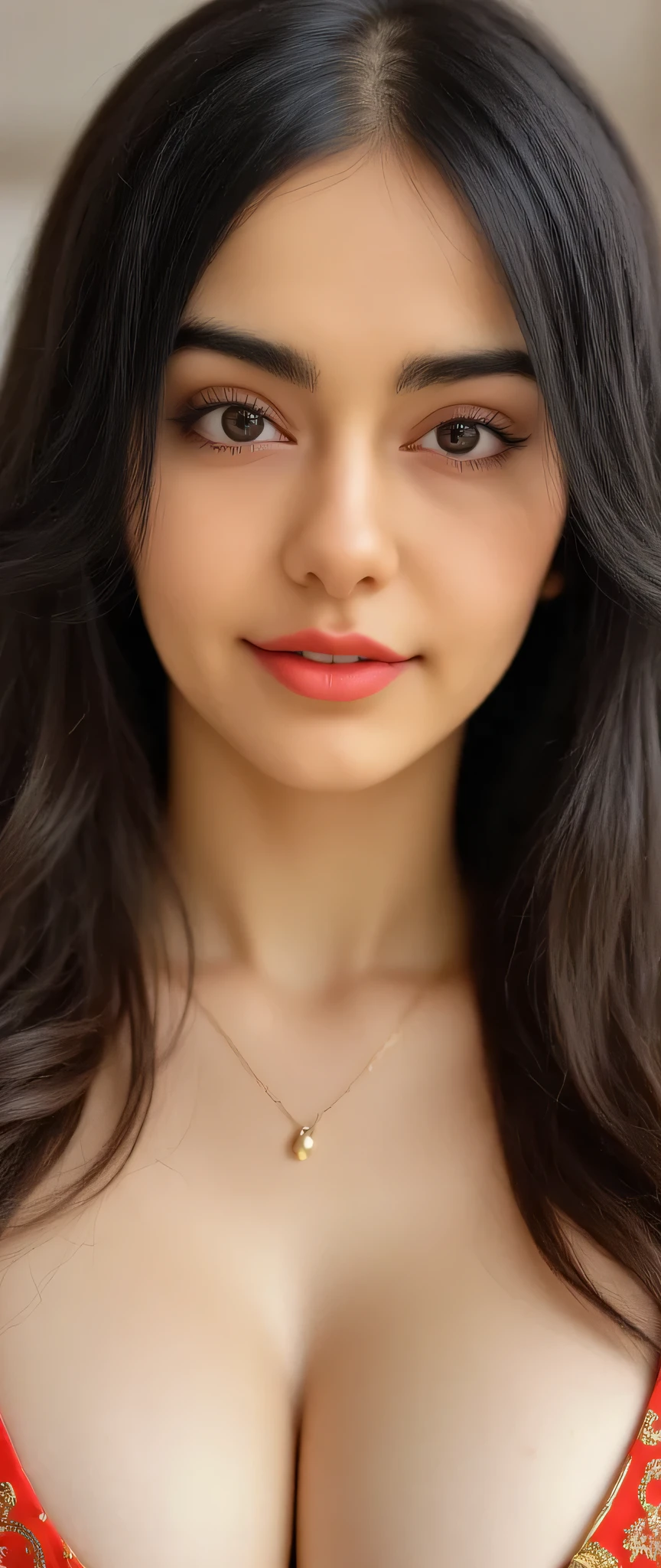 (detailed beautiful eyes and detailed face, masterpiece side light, masterpiece, best quality, detailed, high resolution ), (1 women, beautiful women, colossal breasts, looking down, looking at viewer), ( wavy hair, legging,sexy very deep neck black and red blouse) 45 degrees, top view, (hand detail), sexy long straight brunette hair style glossy hair fluffy princess like hairstyle , tight breast curves deep cleavage , sexy long hair style