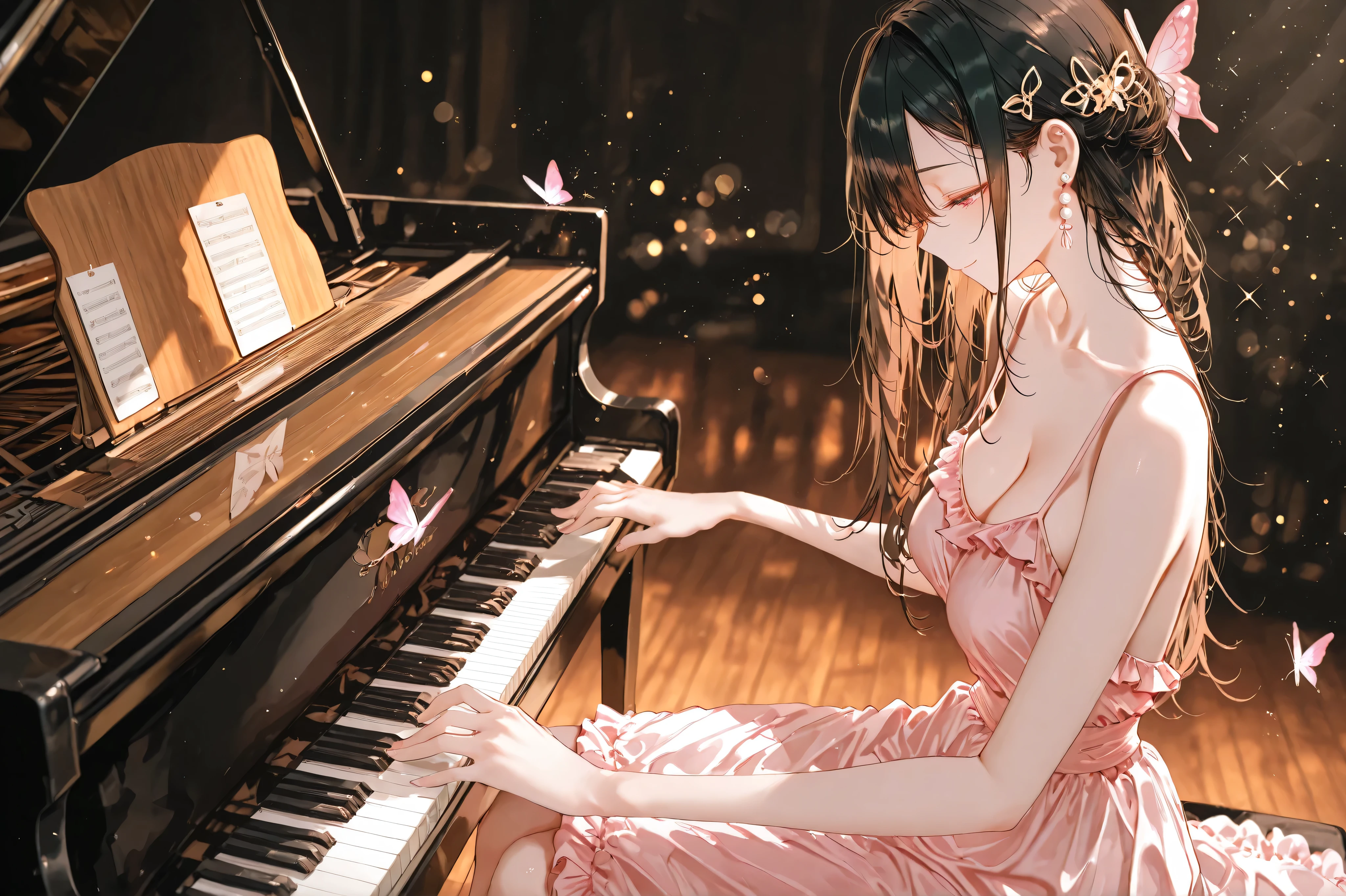 artist: kazutake _hazano , artist:danimaru,[artist:listen_(listenzy)], artist:wash, artist:Urop, artist:Mt. Fuji,  artisit :Crab_(Crabworks)，artist:_(kei), atricite :109,
1 grill ,chest,pearl earrings on the back of the foot,butterfly hair ornaments,Disconnect,collarbone,dress,earrings on the back of the foot,frilled dress,frills,side of the sky,hair ornaments,æ¥ç®,Jewelry,midium chest,long black hair,piano,pink dress,playing æ¥ç®,playing piano,Profile,sitting,sleeveless,sleevenless dress,
solo,smile,HALF CLOSED EYES,closed mouth,cowboy shot,backlight,(blurred Sparkling,Sparkling:1.3)