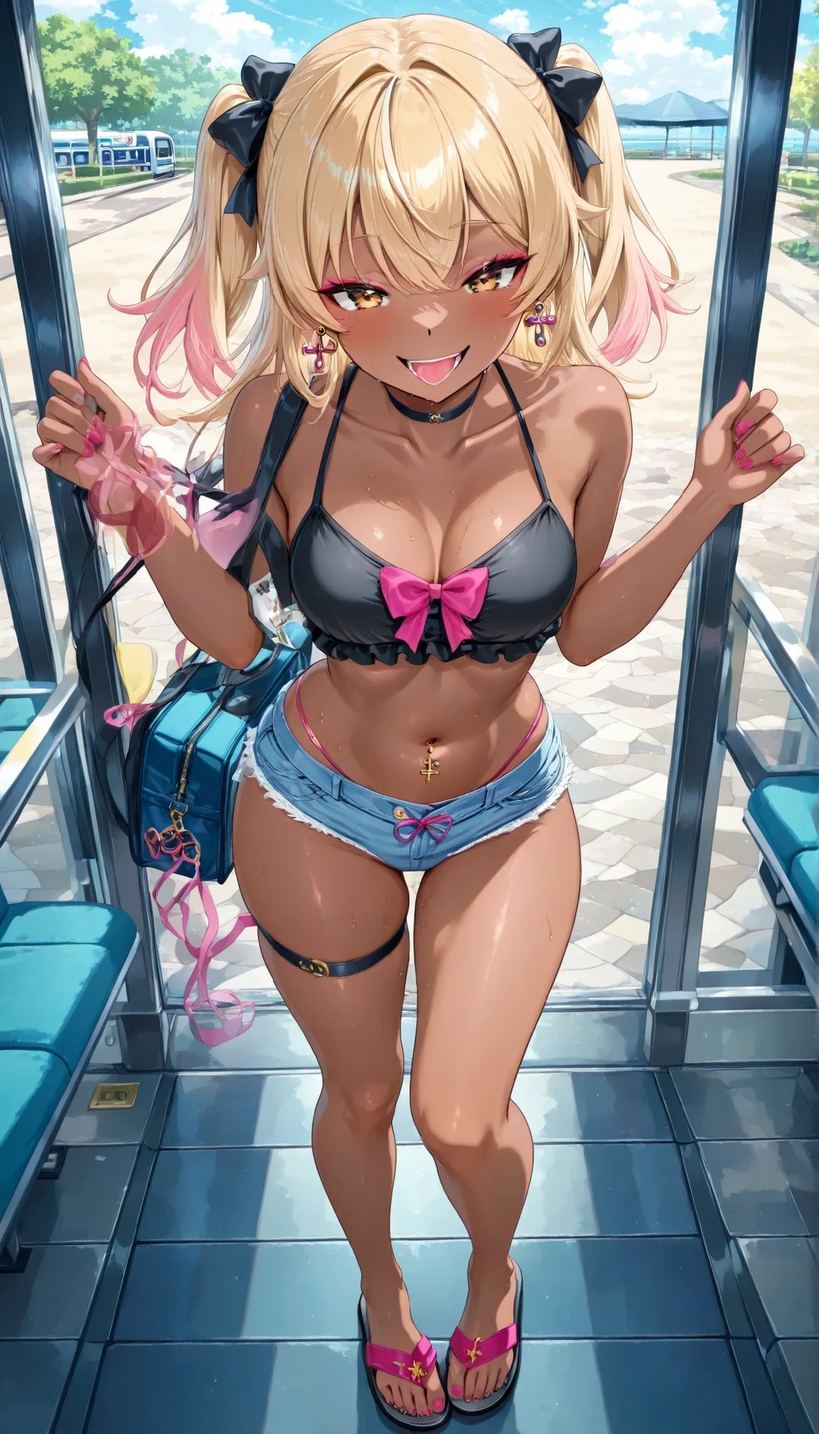 top quality、Detailed Drawing Inside a Commuter Train、seated woman、Short belly button、earrings、Blonde、brown skin、Ebony、Full body bare feet, beach sandals、 tobacco(There is smoke coming out)Cross the legs holding it