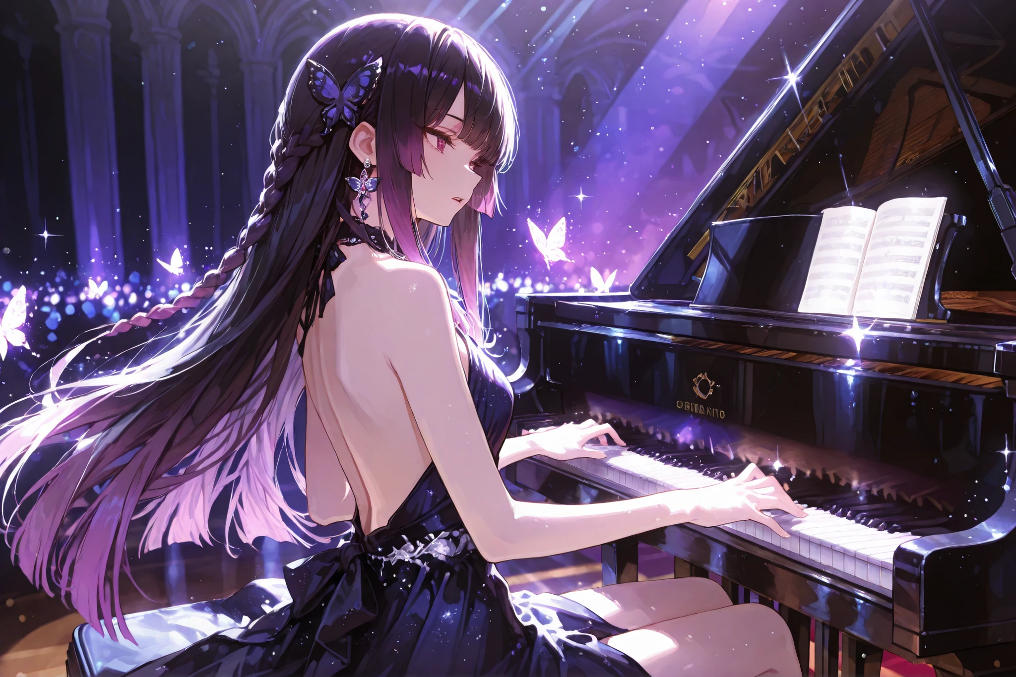 solo girl, (maroon eyes), (long black hair), (purple gradient highlights on the performance stage), (bangs with big front teeth), Dull ends , princess cut side lock, thin braid, butterfly earring, Butterfly Hair Accessory, Expressionless,
play the piano, grand piano, he sits in front of the piano, æ¥ç®, Bare Shoulder, elegant evening dress, パフォーマンスステージで, dynamic light, shines, lighting, backlight, Sparkling, glitter,
masterpiece, top quality, anime artwork, very pretty face, perfect eyes, High Resolution, Detailed Shots , Detailed Costumes, Detailed Background, very nice illustration, depth of field, Composed, complicated details, A sophisticated look, Accurate Finger, Beautiful Attention to Details,
Wonderful, charming, Enchanting, cinematic lighting, cinematic composition where the chest part of the clothes peels off, anime style, bright color, absurd, (cowboy shot), Dynamic Motion, Side view, Looking at the piano