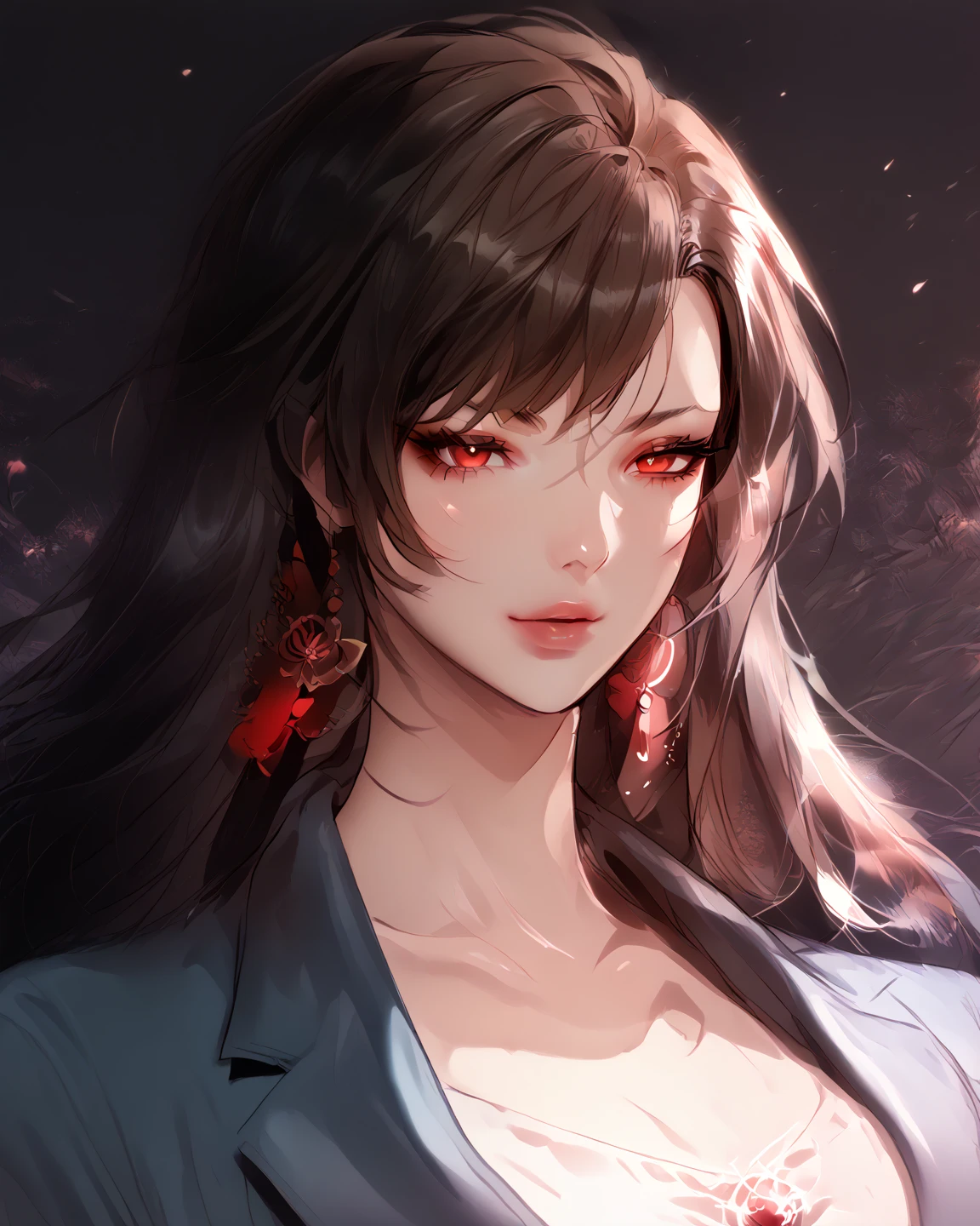 Xian Mei, blonde, metal ornaments, colorful flowers, particles, light, (masterpiece, high quality, high quality, official art, beautiful and aesthetic: 1.2), (1 girl: 1.3), very detailed ,(Fractal Art:1.1),(Colorful:1.1)(Flowers:1.3),Most Detailed,(Dynamic Pose),(Abstract Background:1.3),(Shiny Skin),(Many Colors:1.4), ,(Earrings: 1.4), ( pen:1.4), masterpiece, highest quality, 20 years old, mature woman, beautiful mature woman, captivating smile, black dress, full lips, blush, looking at the audience, provocative expression, , attractive face, mischievous face, inviting gaze, expression of emotion, beautiful accessories, clothing details, cinematic lighting, film grain, light and dark contrast, 8k, masterpiece, very detailed, attention to detail, high quality, high definition, masterpiece, high quality, very detailed, Cowboy Shot, Looking at the audience , Outdoor, blush, 1 girl, (masterpiece: 1.3), (high definition), (8k), (very detailed), perfect face, beautiful eyes and face, (( (Excellent quality))), (Very detailed ), Detailed face and eyes, ultra detailed eyes, perfect , ultra detailed hands, (alone), High definition、Beautiful eyes, ((( pose))), red wavy hair, golden eyes, lying among flowers,