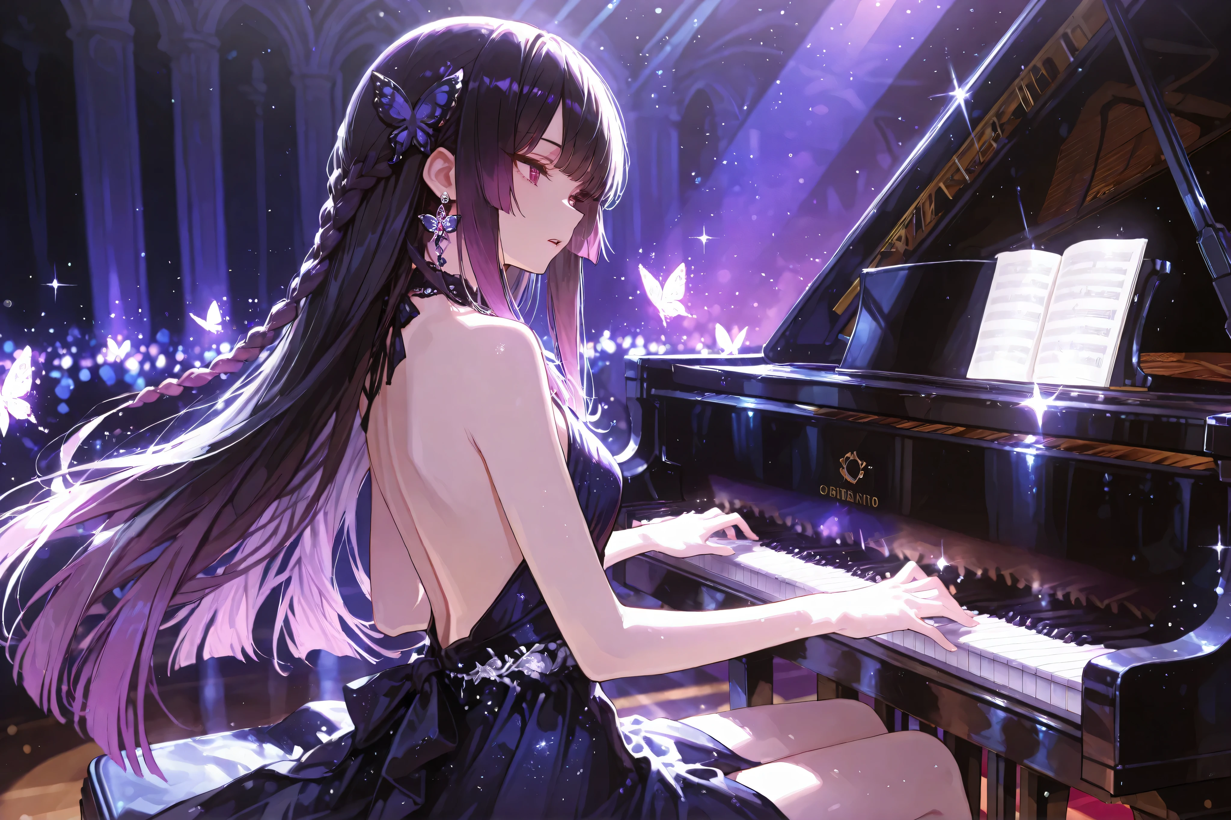 solo girl, (maroon eyes), (long black hair), (purple gradient highlights on the performance stage), (bangs with big front teeth), Dull ends , princess cut side lock, thin braid, butterfly earring, Butterfly Hair Accessory, Expressionless,
play the piano, grand piano, he sits in front of the piano, æ¥ç®, Bare Shoulder, elegant evening dress, パフォーマンスステージで, dynamic light, shines, lighting, backlight, Sparkling, glitter,
masterpiece, top quality, anime artwork, very pretty face, perfect eyes, High Resolution, Detailed Shots , Detailed Costumes, Detailed Background, very nice illustration, depth of field, Composed, complicated details, A sophisticated look, Accurate Finger, Beautiful Attention to Details,
Wonderful, charming, Enchanting, cinematic lighting, cinematic composition where the chest part of the clothes peels off, anime style, bright color, absurd, (cowboy shot), Dynamic Motion, Side view, Looking at the piano