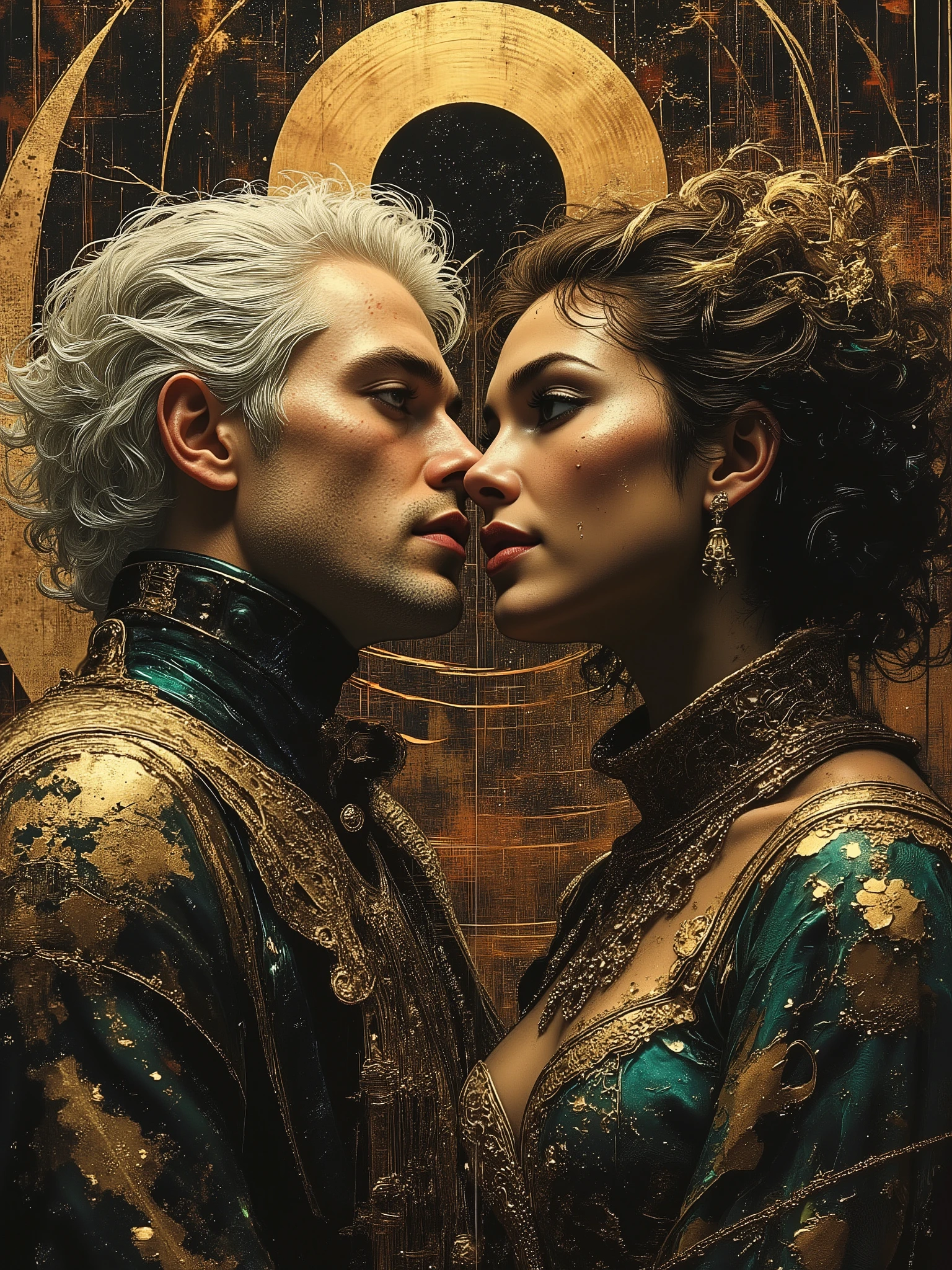 ,Hayley,,Hayley,(masterpiece),(Highest quality),(Super detailed),(Ultra-high resolution) , (Best illustrations), 32k, an ancient luxurious temple,dynamic lights, shiny, glitter
Done in a balanced and vivid impressionist style symbolizing harmony of opposites ((and the search for spiritual transcendence through practicing mindfulness of self and psychological clarity, or learning philosophical reason logic and truth, as well as coming to terms with the metaphysical laws of our existence.))
A captivating portrait shows an angel and a demon in staring at each other and enraptured. On the left appearing 40, a handsome aquiline looking man with short stylish white hair and a wry expression wears a dark, fancy high-collared coat and other expensive but tasteful accoutrements. He has silver and white feathered wings and a faint glowing halo, symbolizing his angelic nature. On the right is a smiling half black woman with dimpled cheeks, with brown caramel skin and shoulder length curly brown hair with green blue highlights, wearing a roguish grin and dressed in an eclectic blend ((of street, grunge, secondhand and 1st hand designer finery and God only knows, each piece used to highlight her sensual, seductive nature)) that somehow matches in some bizarre way. Small perky breasts, thick thighs, long legs, raven wings, with flames rising behind her, figures are facing each other, their intense gazes creating a powerful contrast between light and darkness and a shocking truth, they long to touch one another and their look is full of love. Massive energies whirl around these 2 and an eclipse of the Sun heralds their union with a foreboding air. Done in a balanced and vivid impressionist style symbolizing harmony of opposites ((and the search for spiritual transcendence through practicing mindfulness of self and psychological clarity, or learning philosophical reason logic and truth, as well as coming to terms with the metaphysical laws of our existence, to reach the true source.