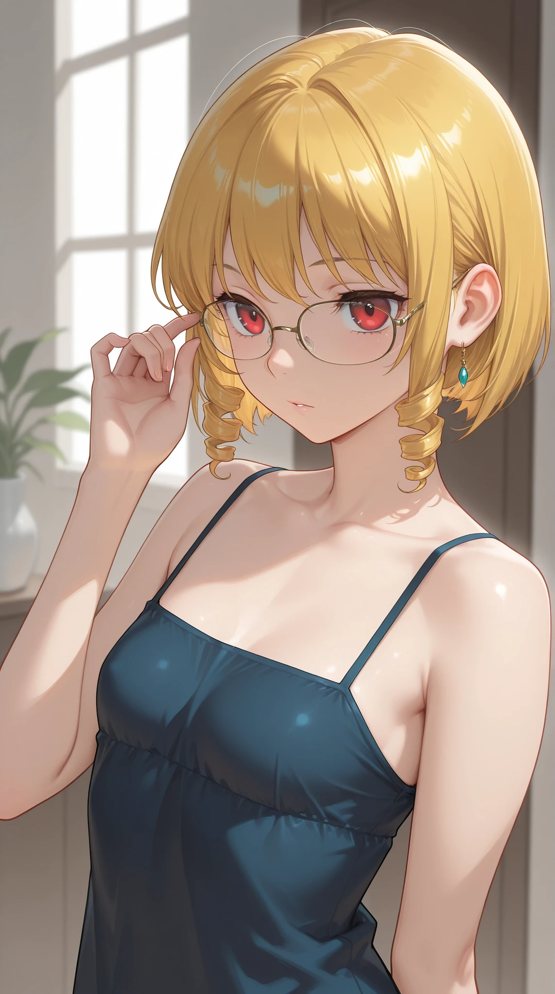 short hair, gold hair,Short Bob Hair, red eyes,Drill Hair, Glasses, very small breasts, High Resolution, correct, top quality, masterpiece, 1 girl, Qi Guotian