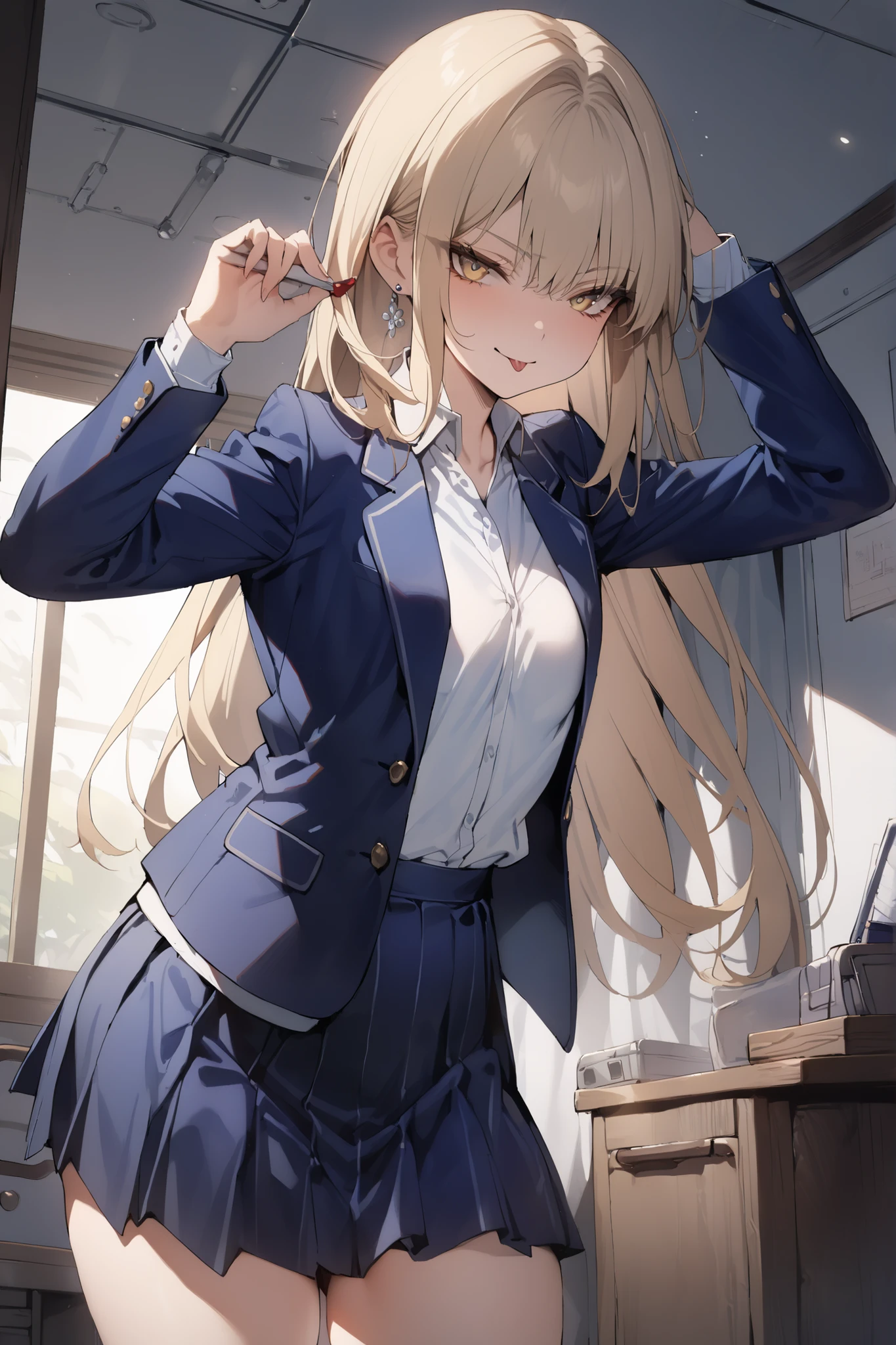 ((masterpiece,top quality:1.2)),(Super-resolution),(1gir),slender,((Female high school girl standing in an intimidating pose in her room and staring at me)),Beautiful Skin,(((thin thighs))),(((Long Golden Hair))),perfect golden eyes, tree eyes ,Serious smile,tongue sticking out,(((navy blue blazer))),(((white blouse))),(((dark blue school skirt))),white loose socks,gold earrings,cowboy shot