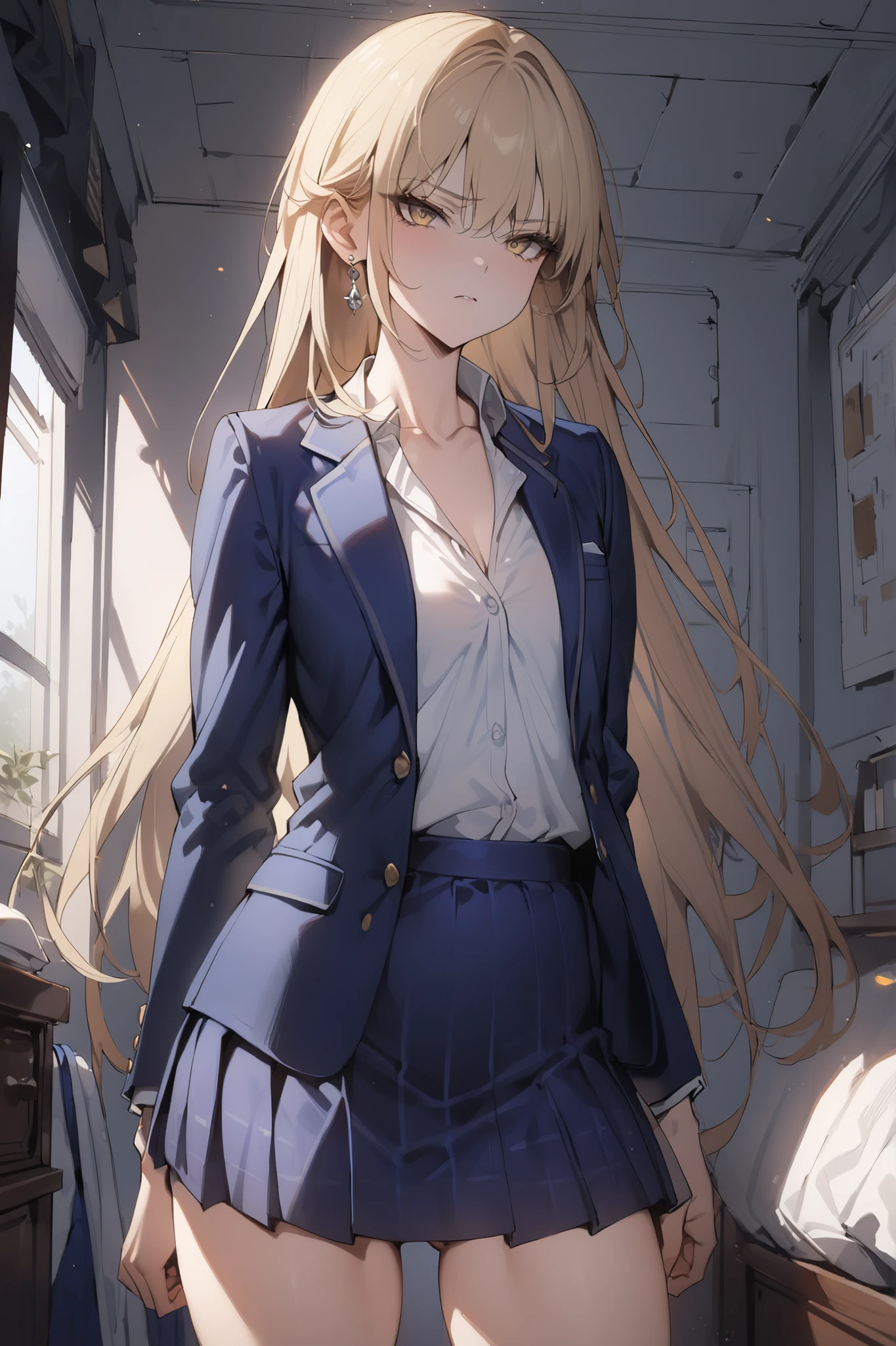 ((masterpiece,top quality:1.2)),(Super-resolution),(1gir),slender,((Female high school girl standing in an intimidating pose in her room and staring at me)),Beautiful Skin,(((thin thighs))),(((Long Golden Hair))),perfect golden eyes, tree eyes ,serious expression,(((navy blue blazer))),(((white blouse))),(((dark blue school skirt))),white loose socks,gold earrings,cowboy shot